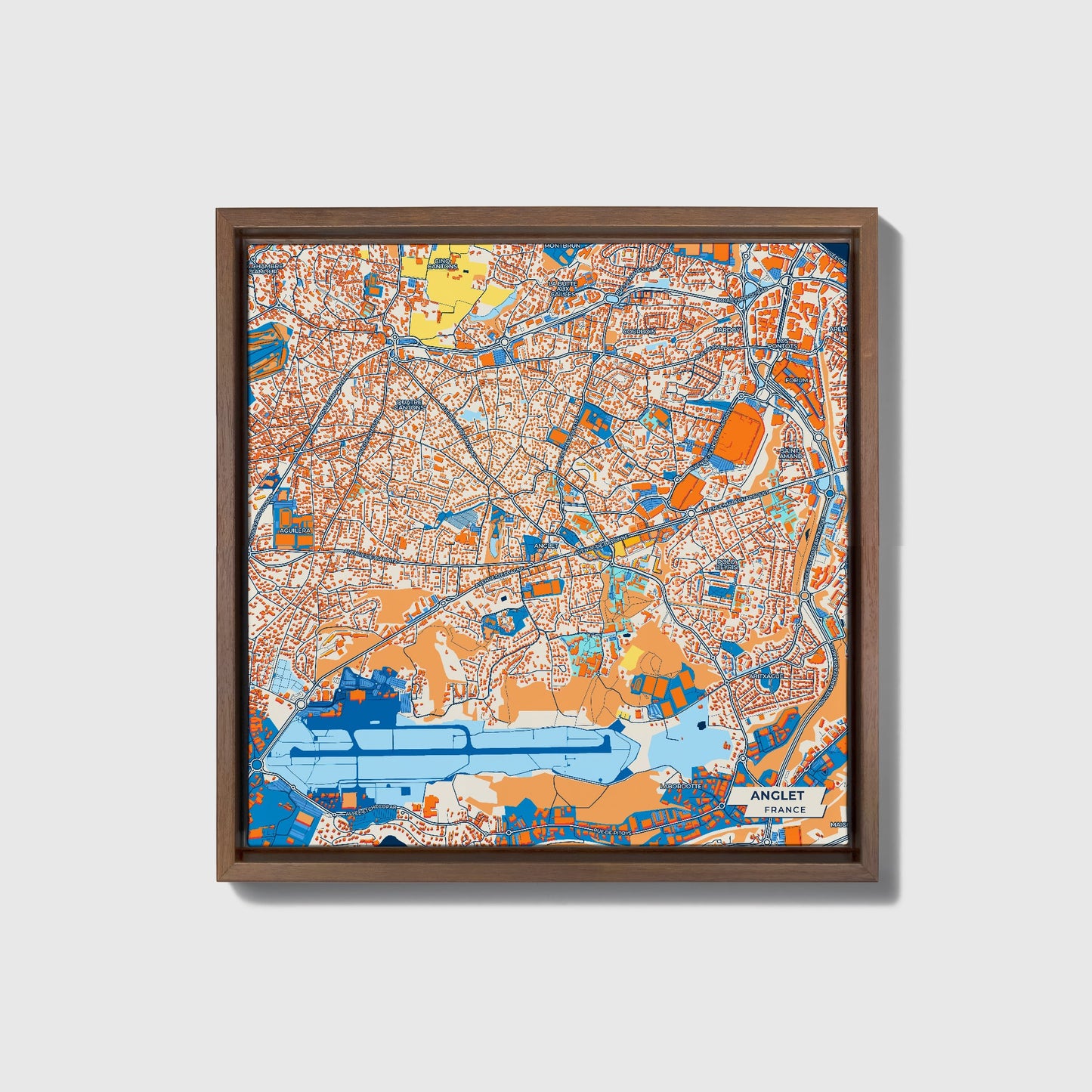 Anglet France Colorful City Map Canvas Print • Dark Wooden Framed