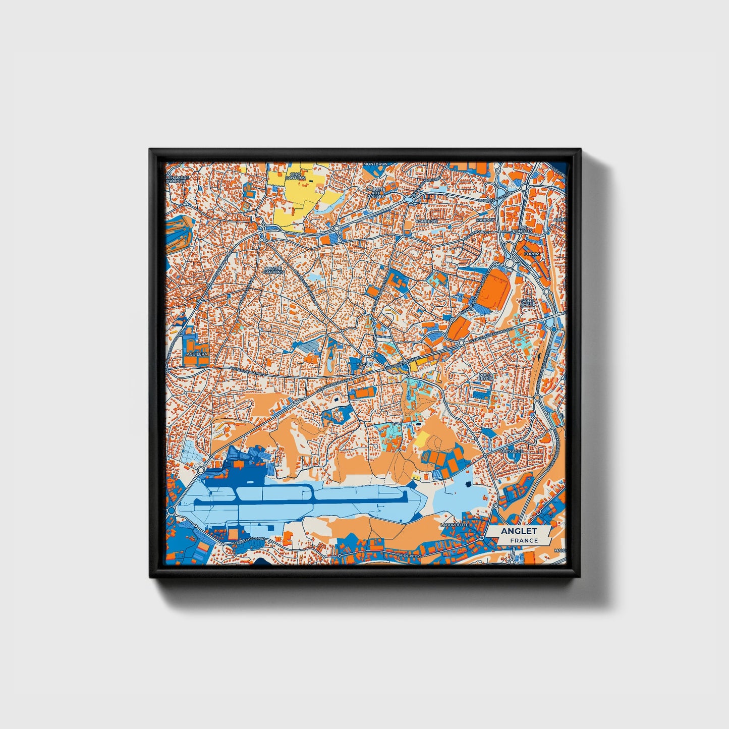 Anglet France Colorful City Map Canvas Print • Black Framed