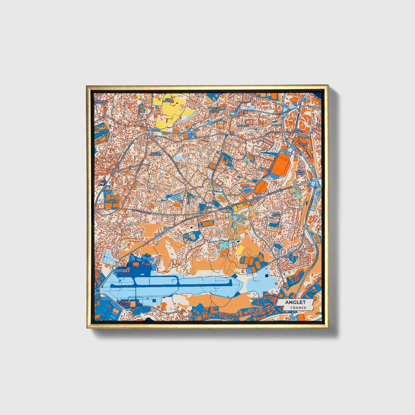 Anglet France Colorful City Map Canvas Print • Gold Framed