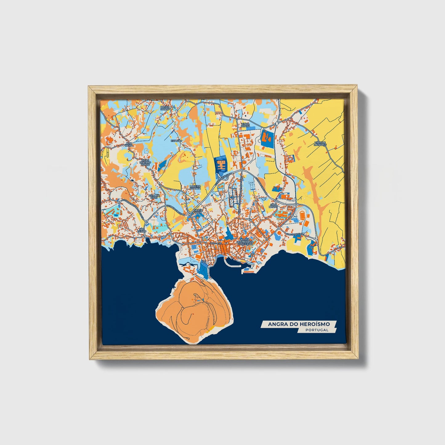 Angra Do Heroísmo Portugal Colorful City Map Canvas Print • Natural Wooden Framed