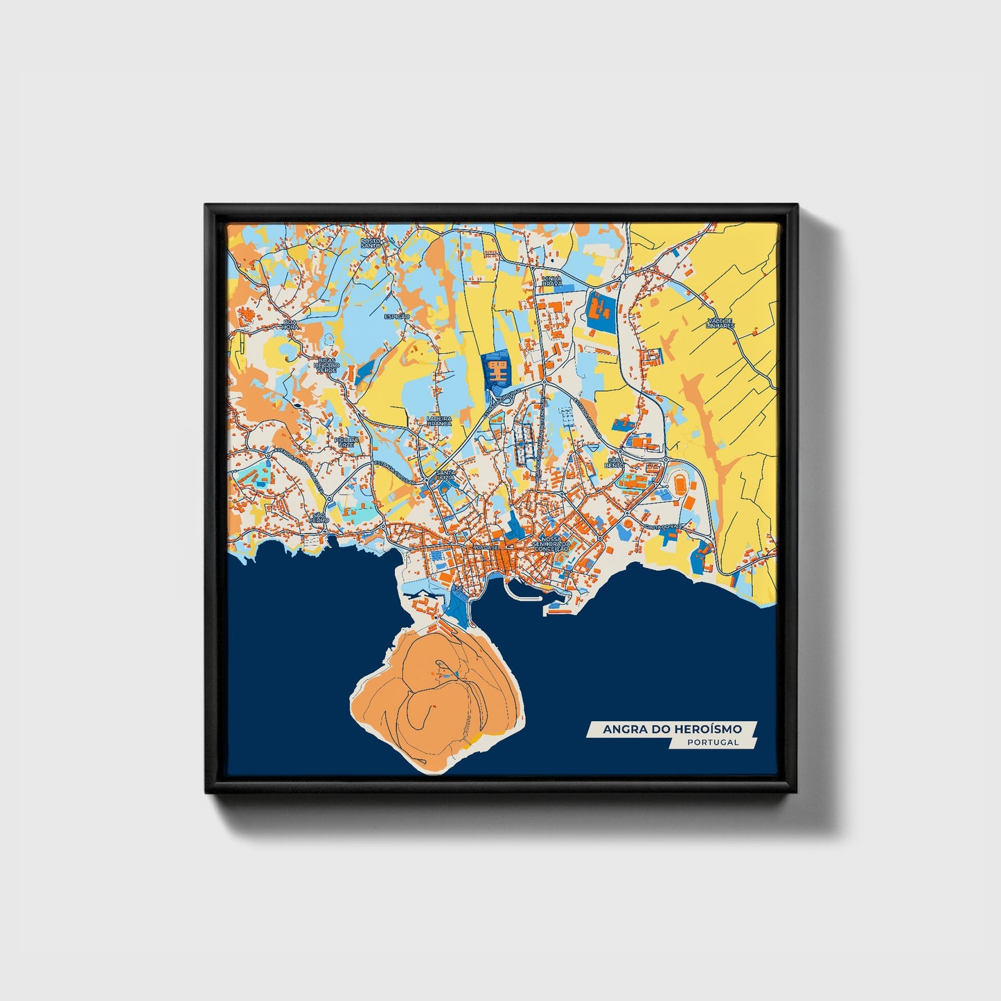 Angra Do Heroísmo Portugal Colorful City Map Canvas Print • Black Framed