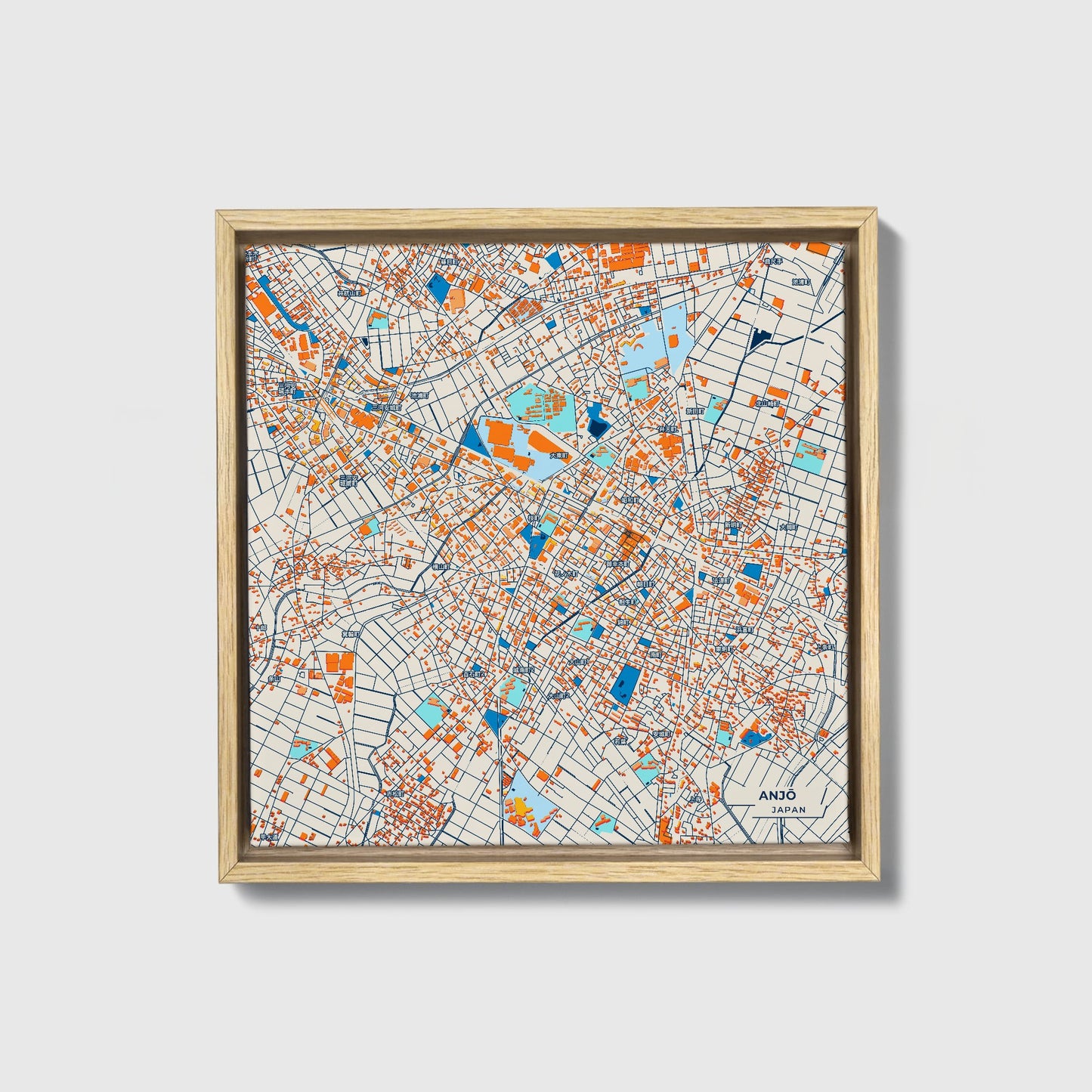 Anjō Japan Colorful City Map Canvas Print • Natural Wooden Framed