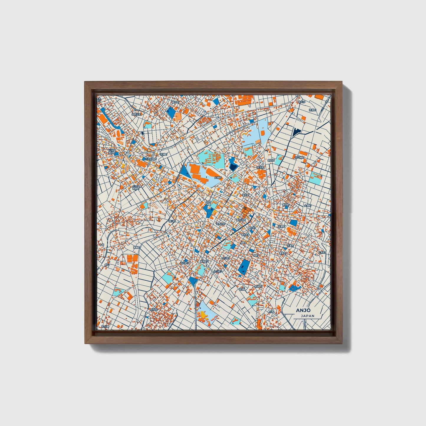 Anjō Japan Colorful City Map Canvas Print • Dark Wooden Framed