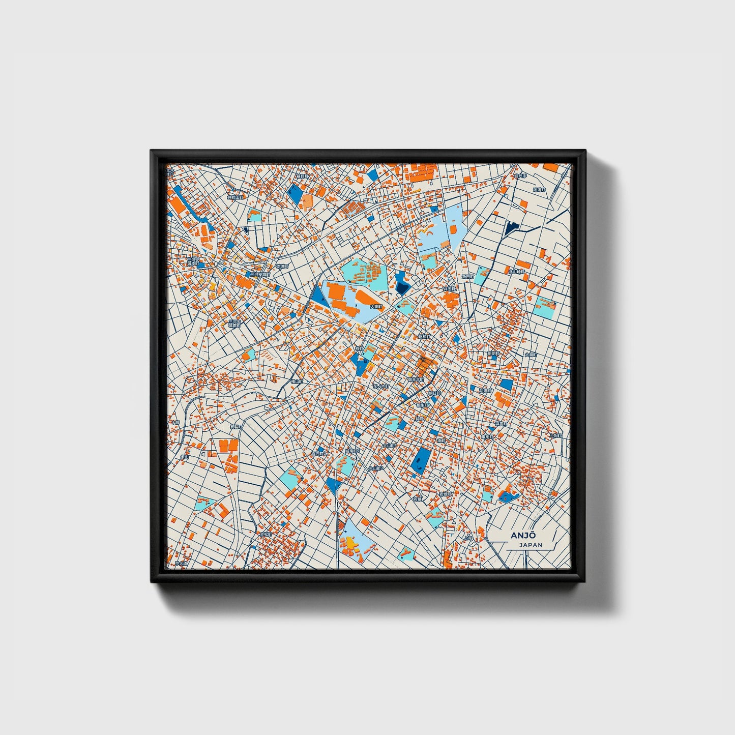 Anjō Japan Colorful City Map Canvas Print • Black Framed