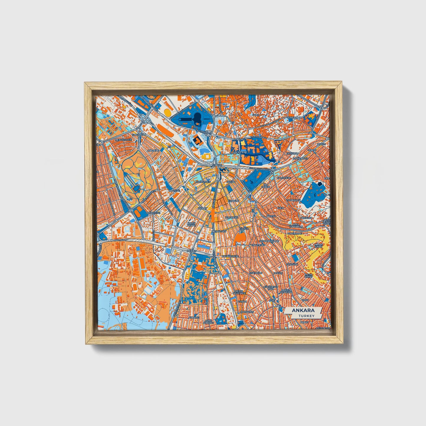 Ankara Turkey Colorful City Map Canvas Print • Natural Wooden Framed