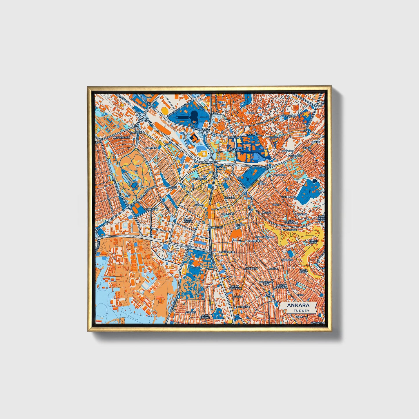 Ankara Turkey Colorful City Map Canvas Print • Gold Framed