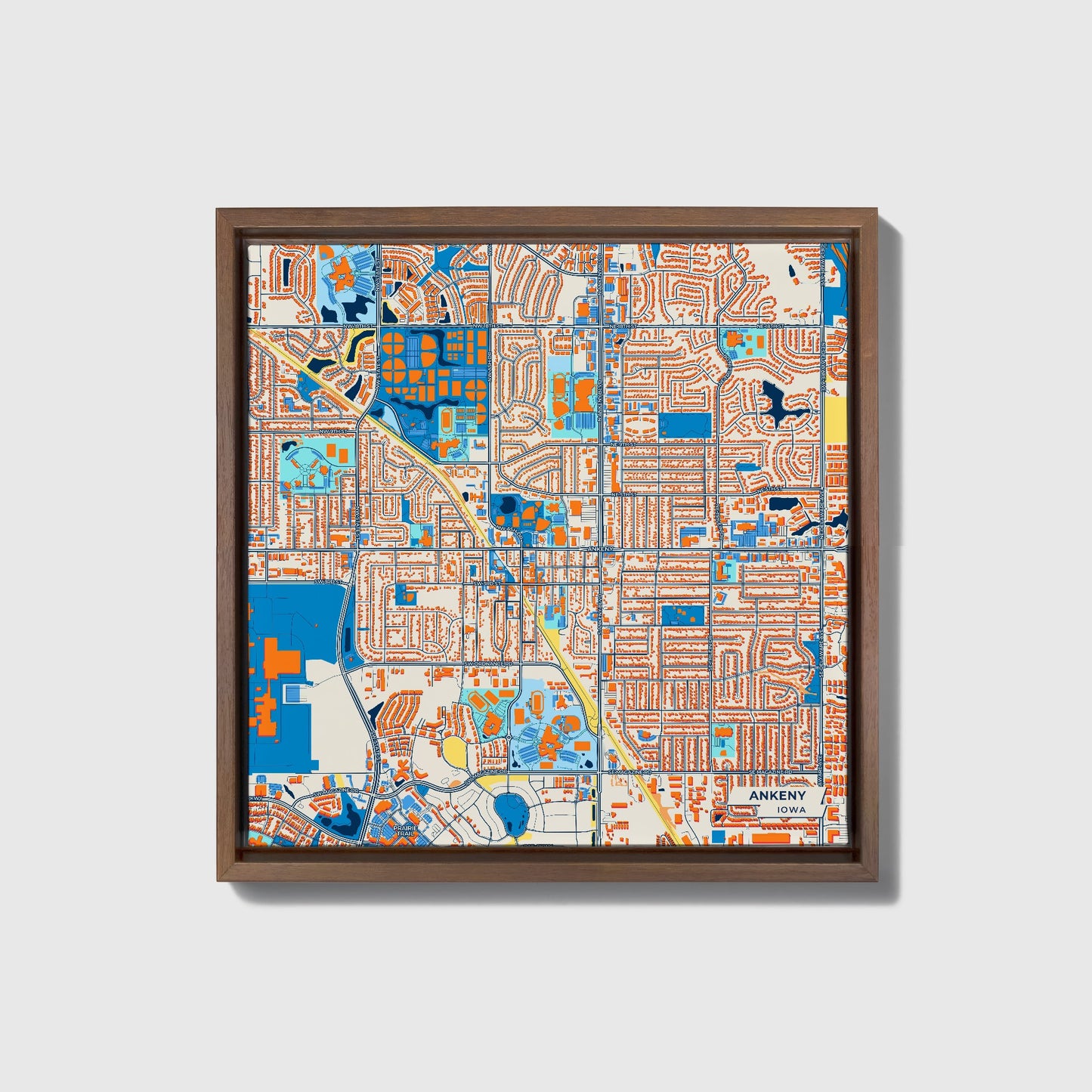 Ankeny Iowa Colorful City Map Canvas Print • Dark Wooden Framed