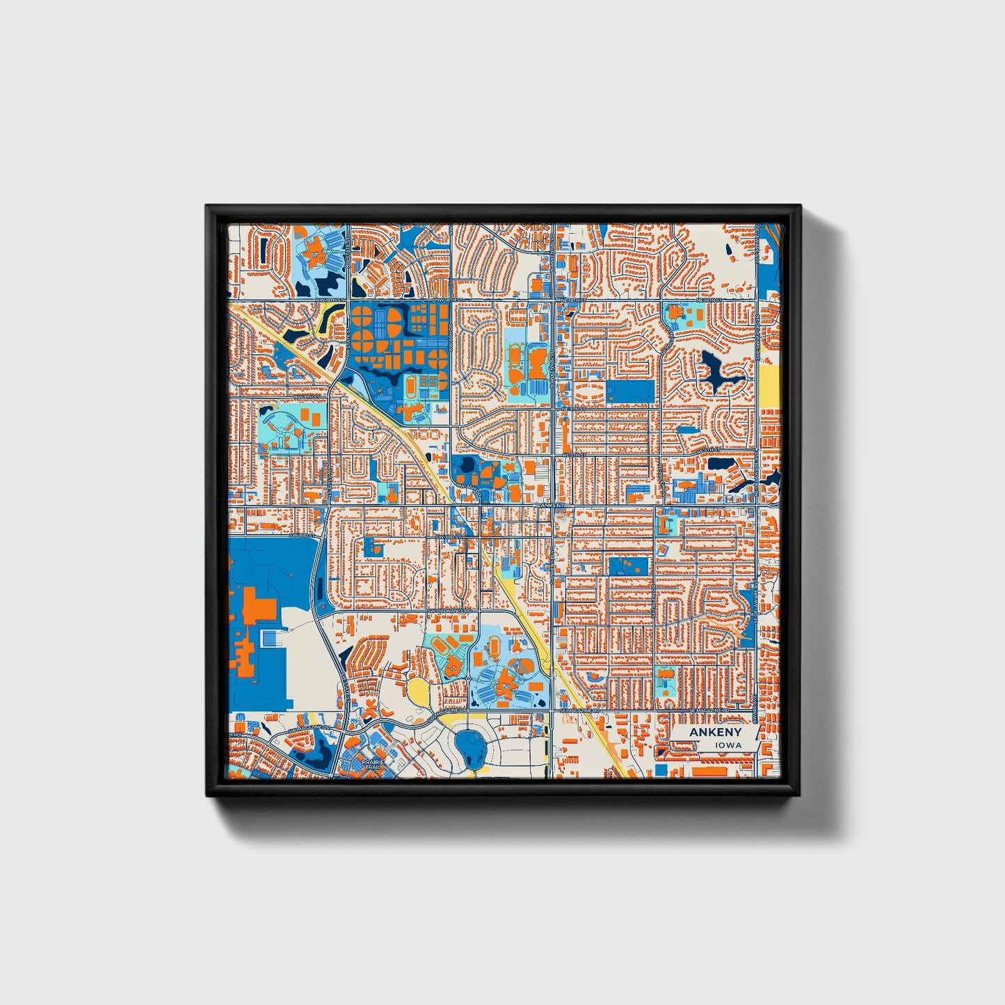 Ankeny Iowa Colorful City Map Canvas Print • Black Framed