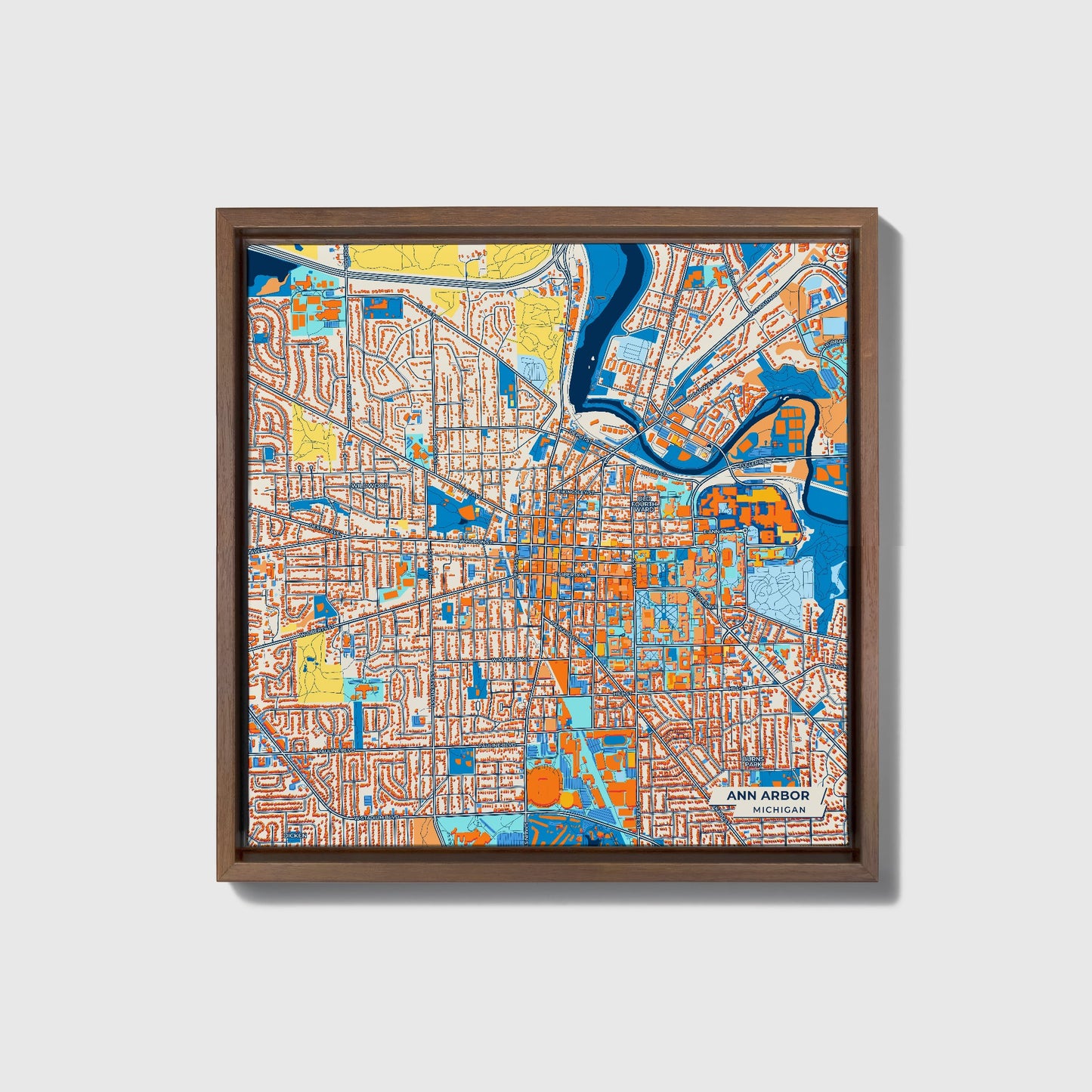 Ann Arbor Michigan Colorful City Map Canvas Print • Dark Wooden Framed