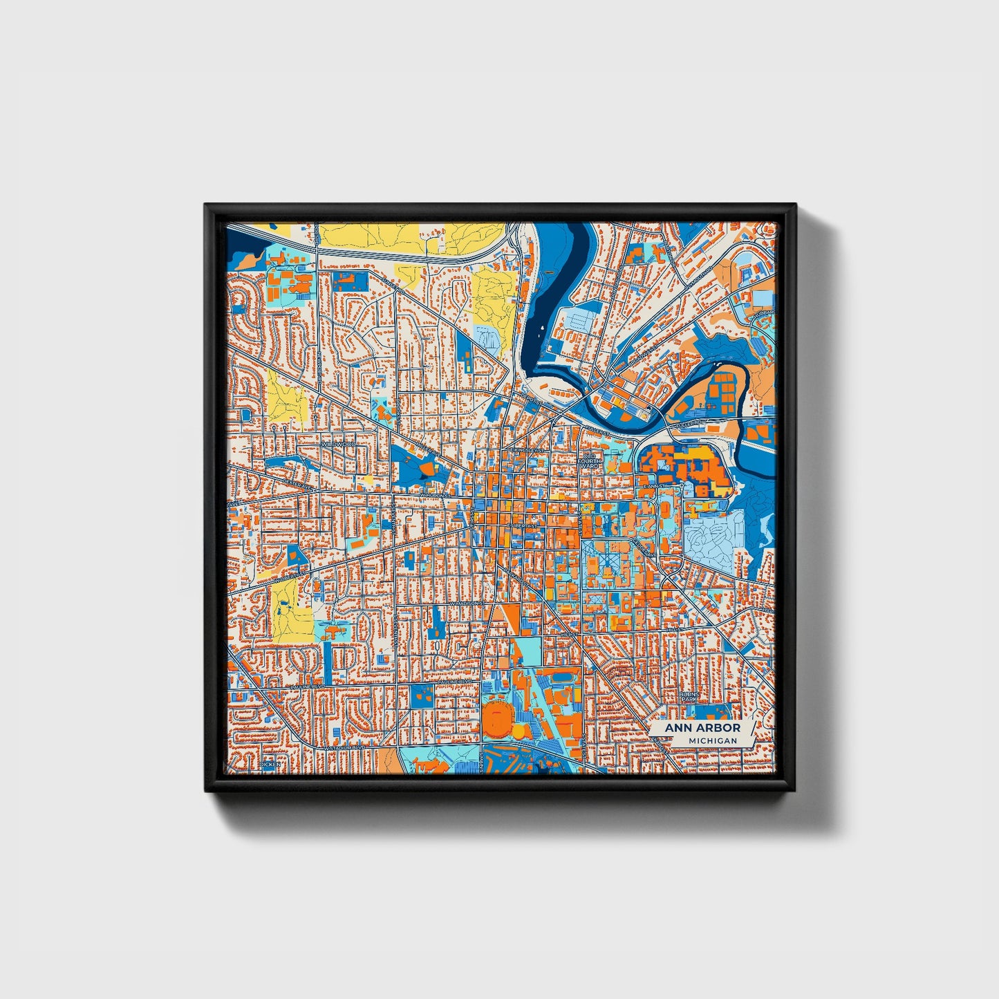 Ann Arbor Michigan Colorful City Map Canvas Print • Black Framed