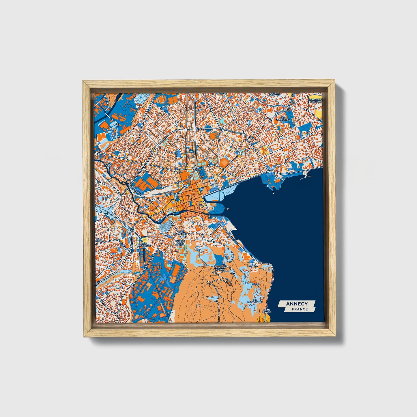 Annecy France Colorful City Map Canvas Print • Natural Wooden Framed