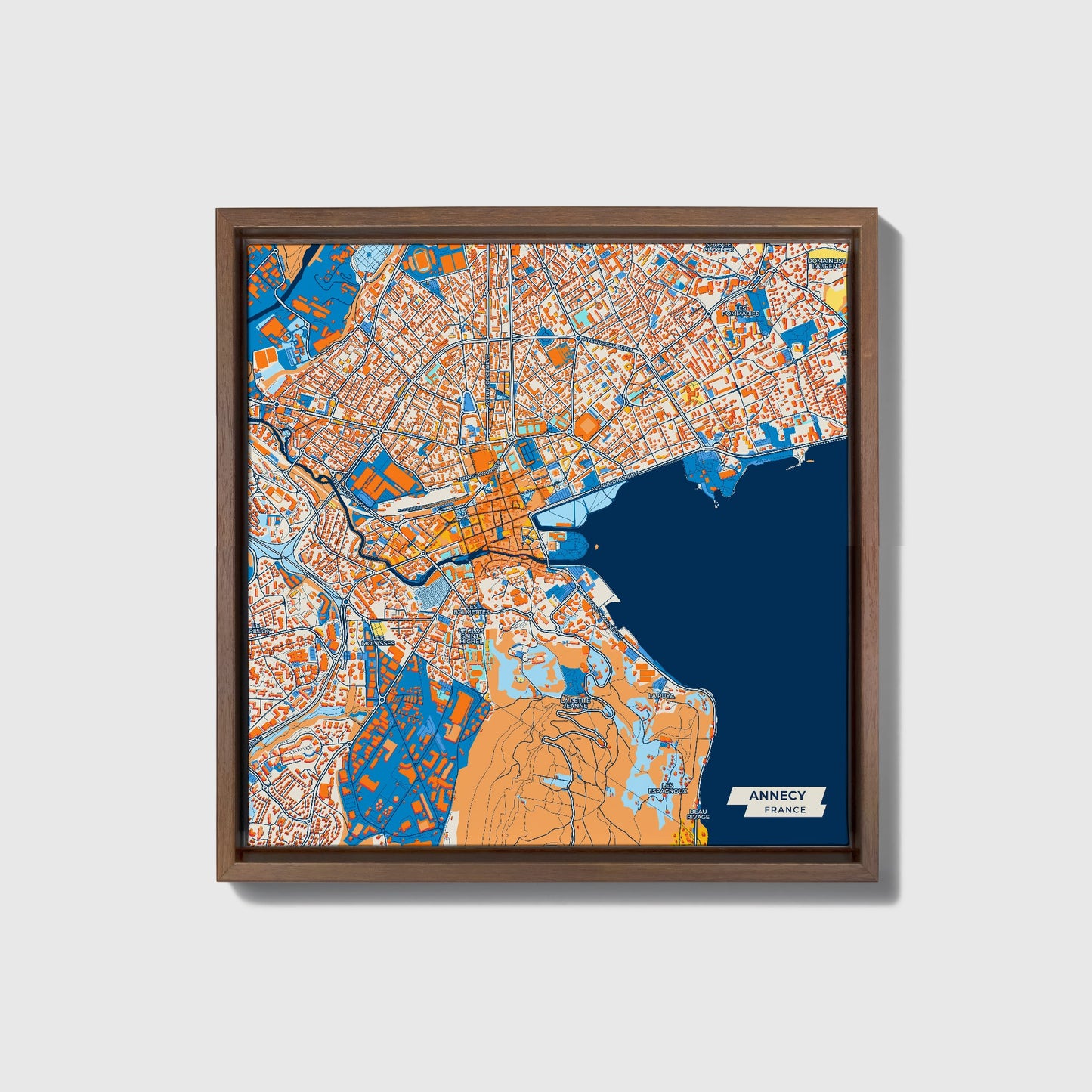Annecy France Colorful City Map Canvas Print • Dark Wooden Framed