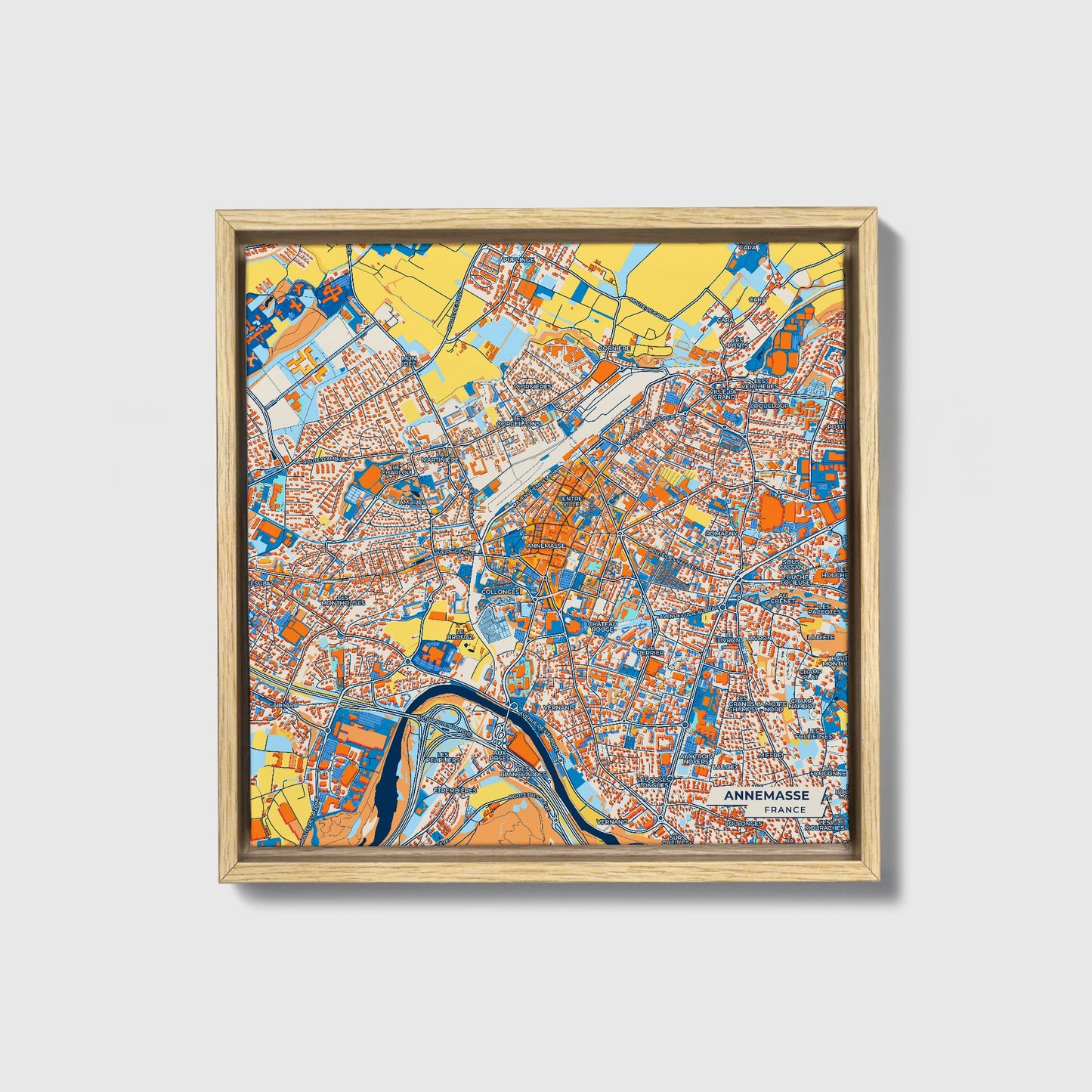 Annemasse France Colorful City Map Canvas Print • Natural Wooden Framed