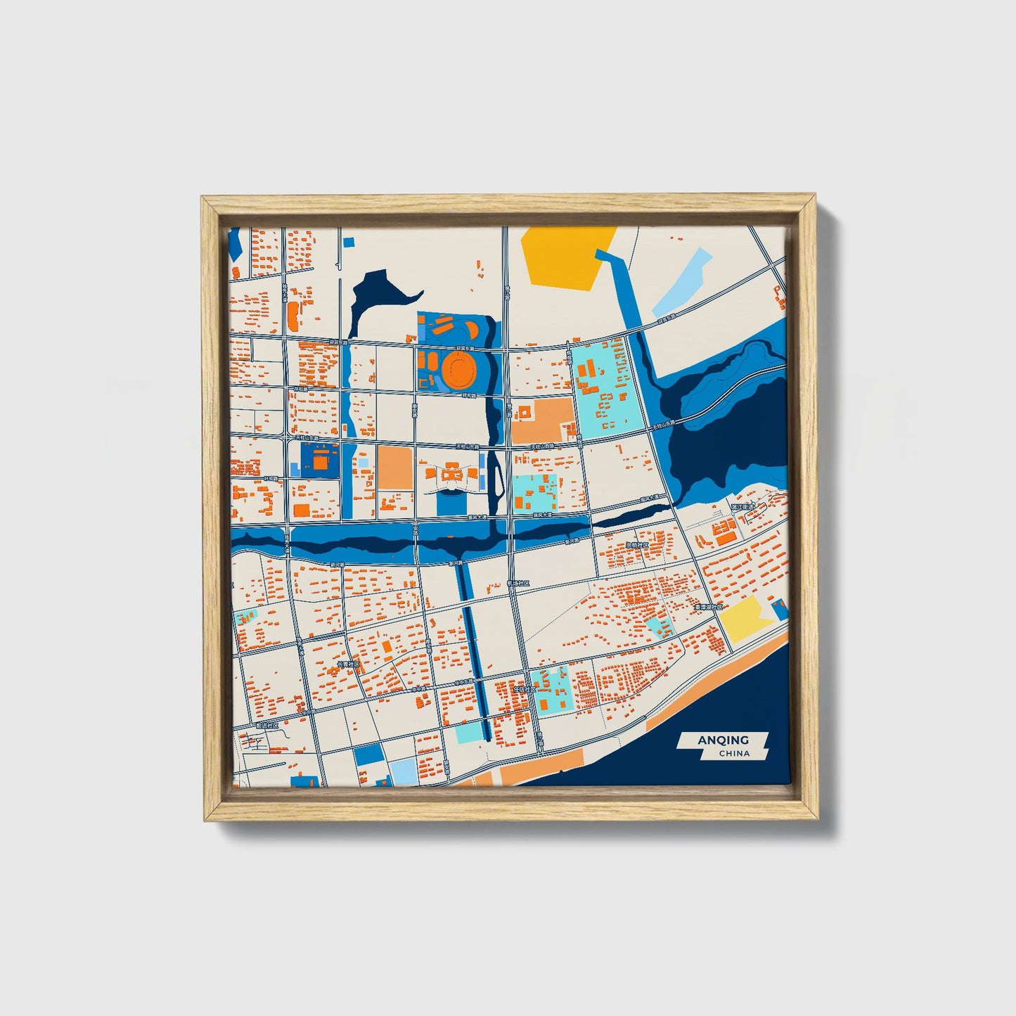 Anqing China Colorful City Map Canvas Print • Natural Wooden Framed