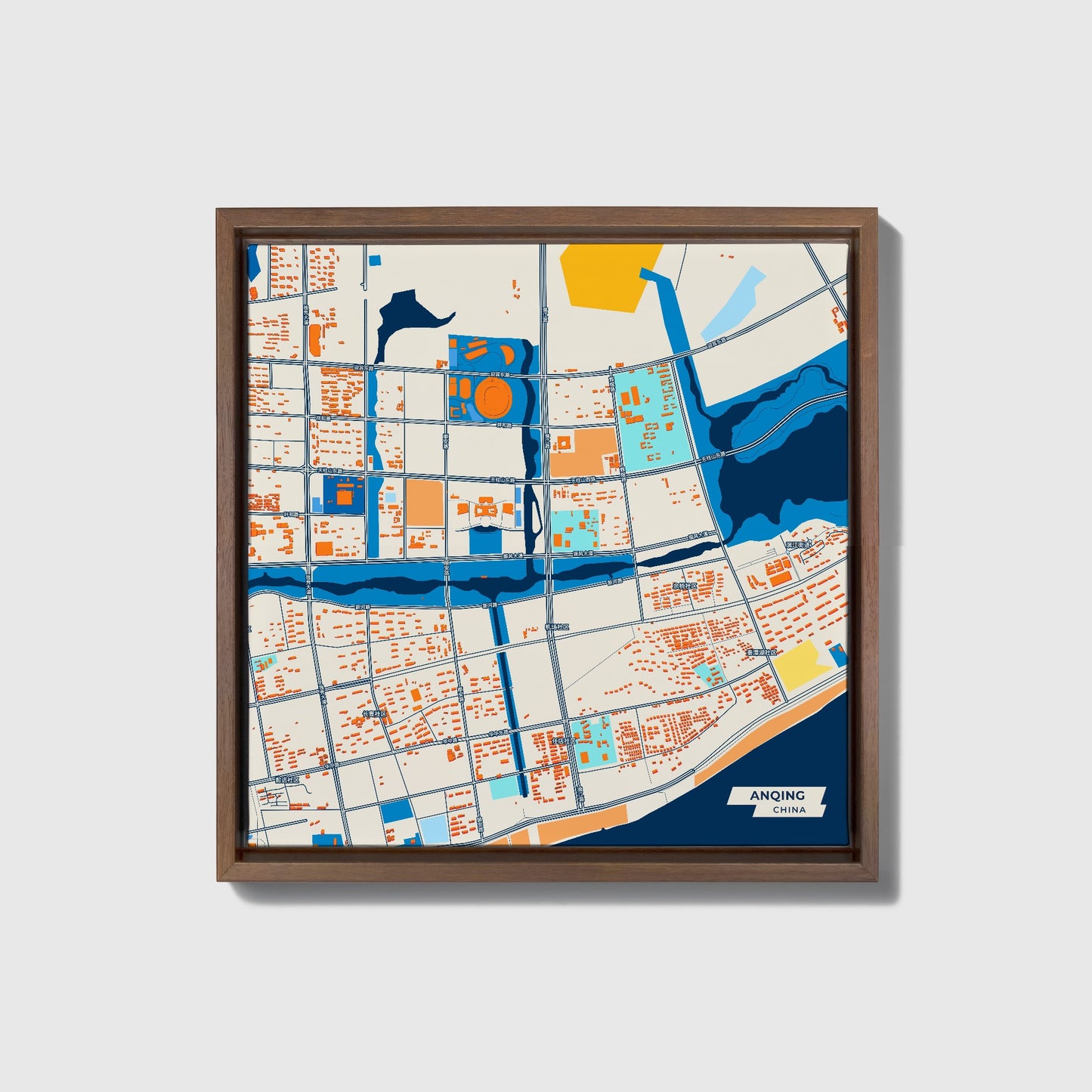 Anqing China Colorful City Map Canvas Print • Dark Wooden Framed