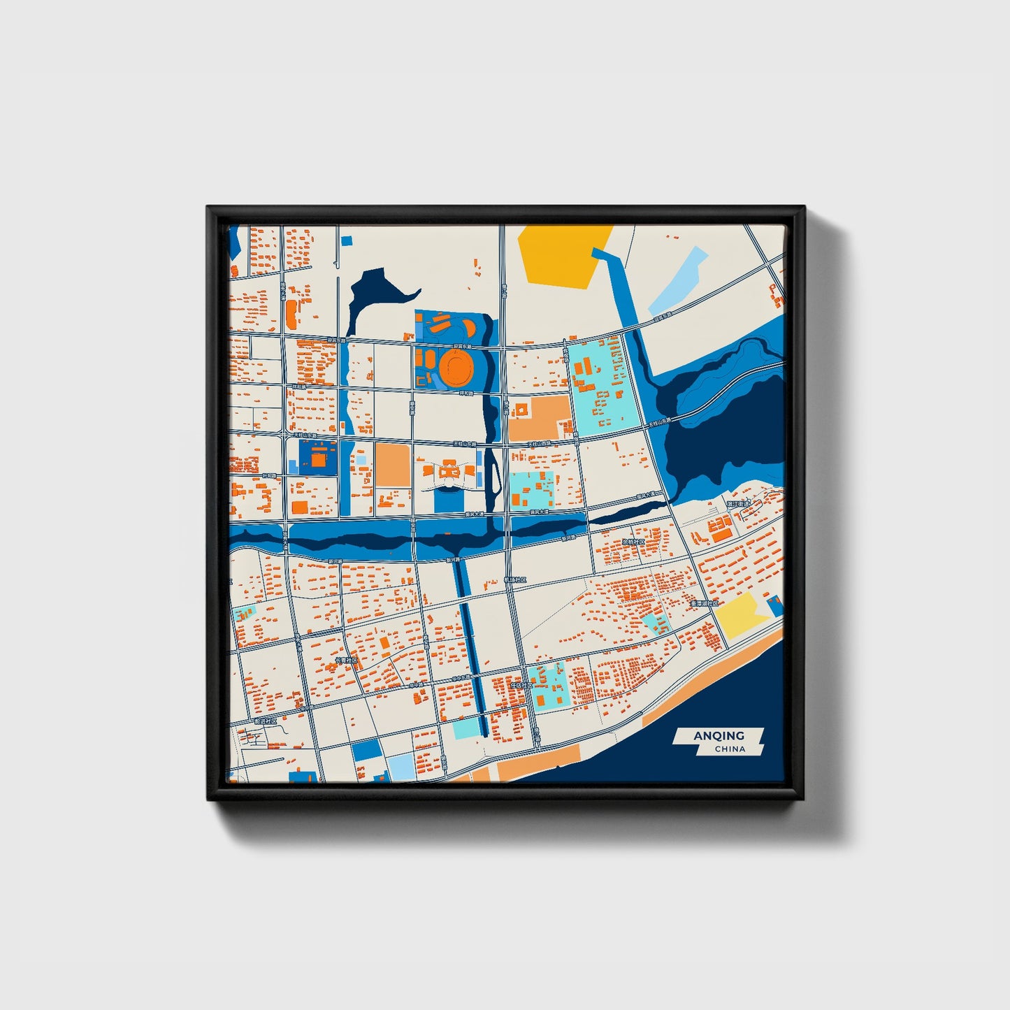 Anqing China Colorful City Map Canvas Print • Black Framed