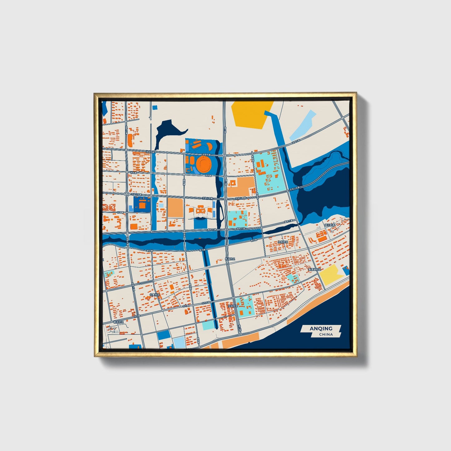 Anqing China Colorful City Map Canvas Print • Gold Framed