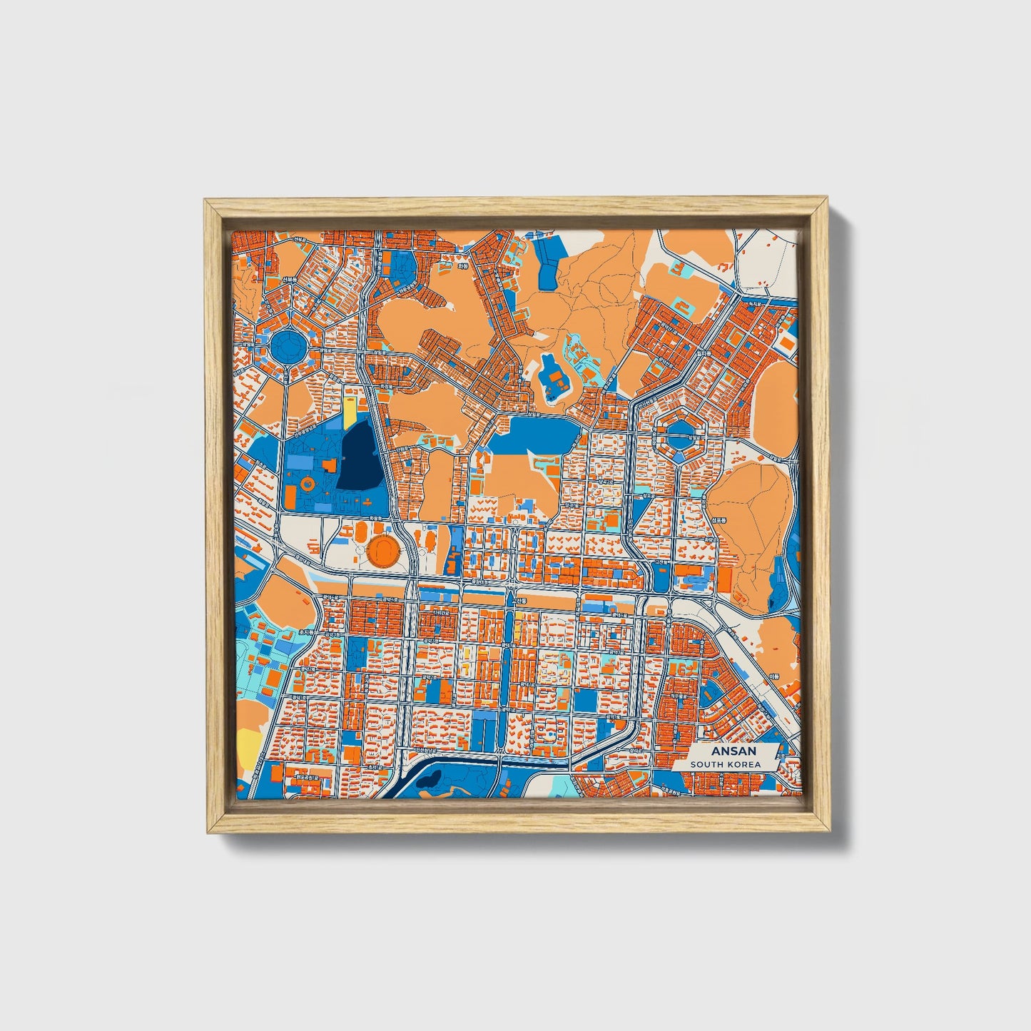 Ansan South Korea Colorful City Map Canvas Print • Natural Wooden Framed