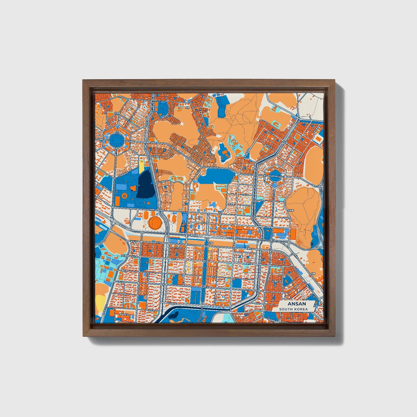 Ansan South Korea Colorful City Map Canvas Print • Dark Wooden Framed