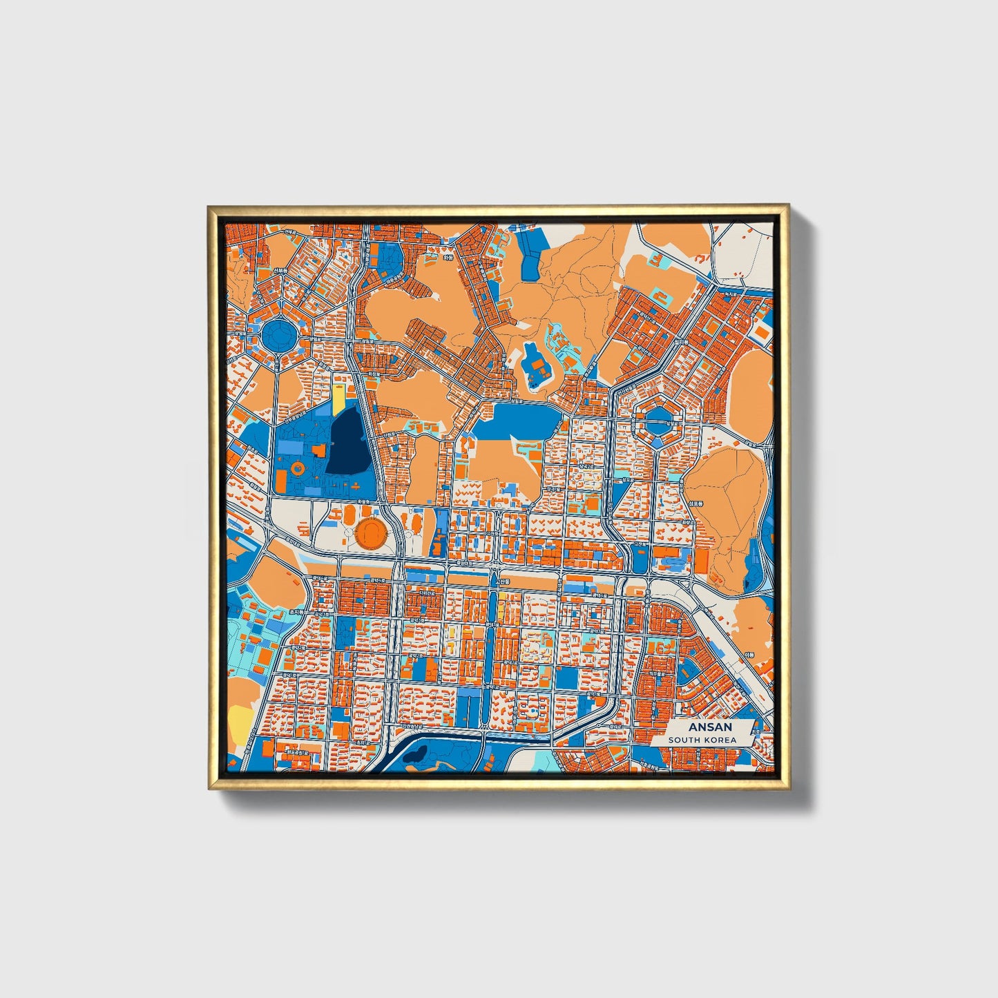 Ansan South Korea Colorful City Map Canvas Print • Gold Framed