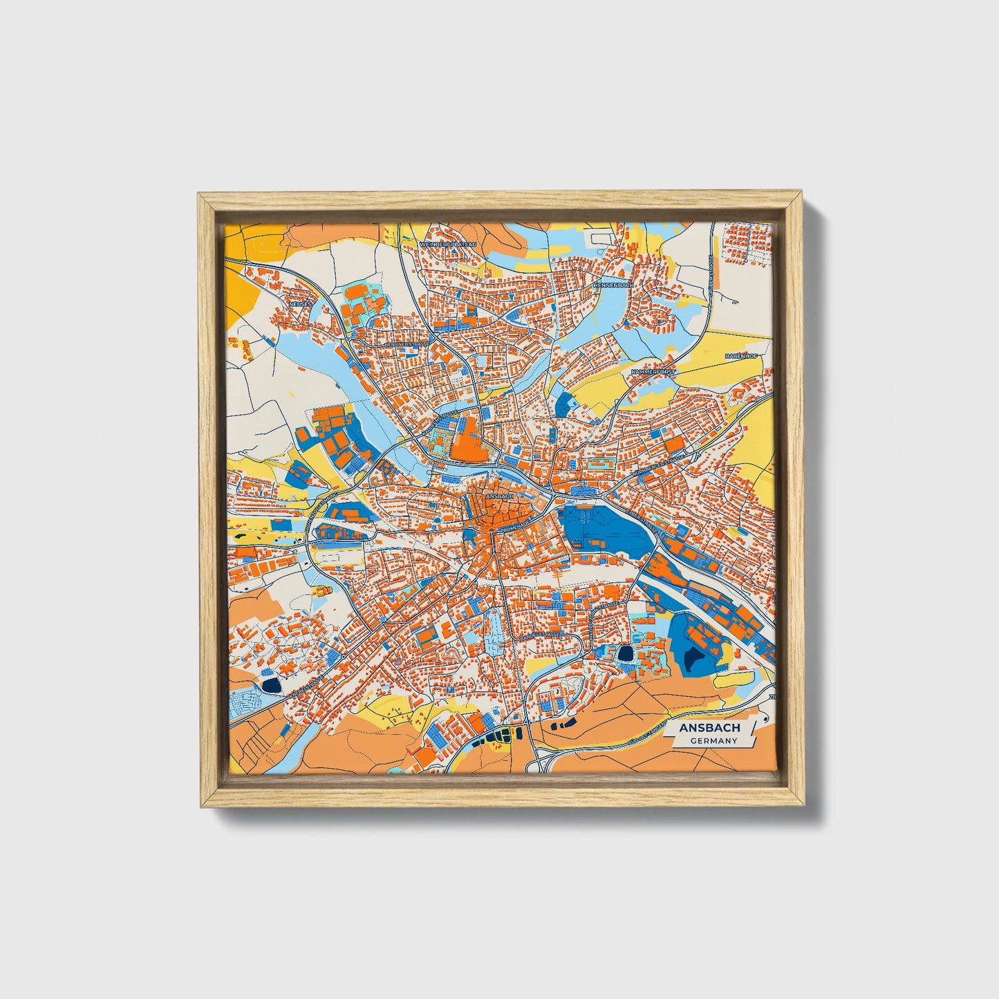 Ansbach Germany Colorful City Map Canvas Print • Natural Wooden Framed