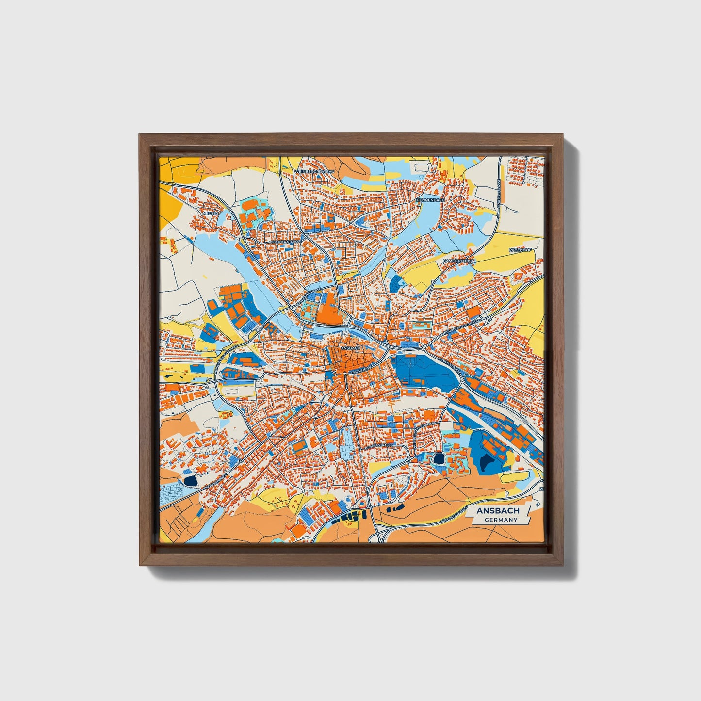 Ansbach Germany Colorful City Map Canvas Print • Dark Wooden Framed