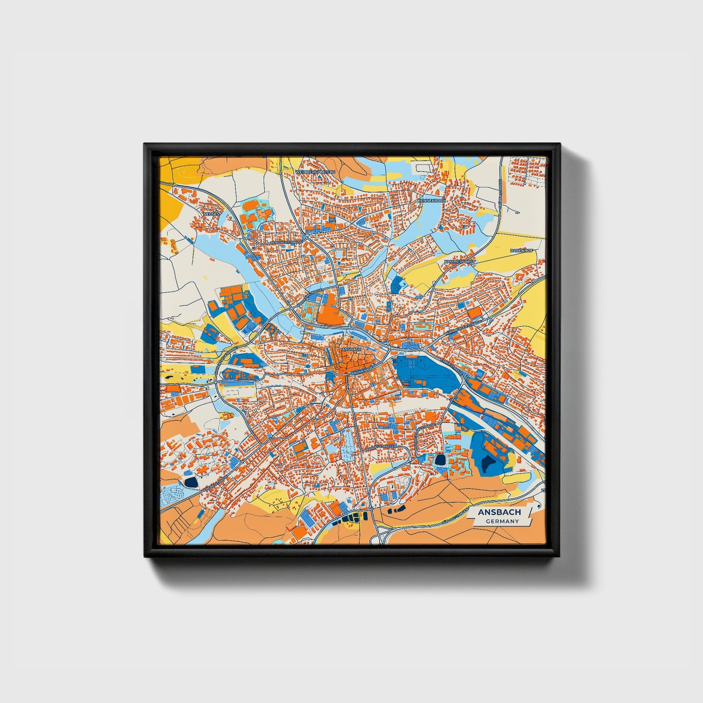 Ansbach Germany Colorful City Map Canvas Print • Black Framed