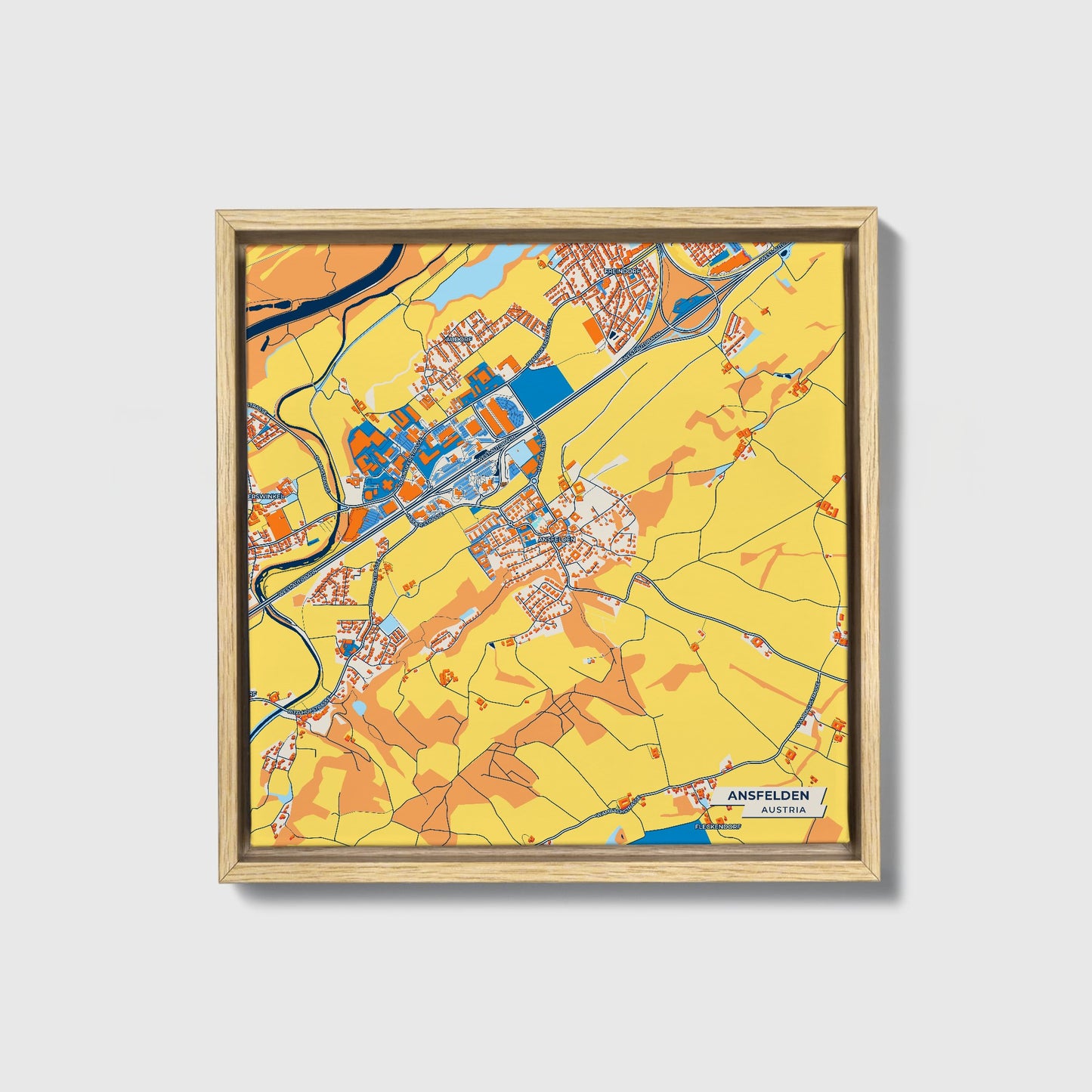 Ansfelden Austria Colorful City Map Canvas Print • Natural Wooden Framed