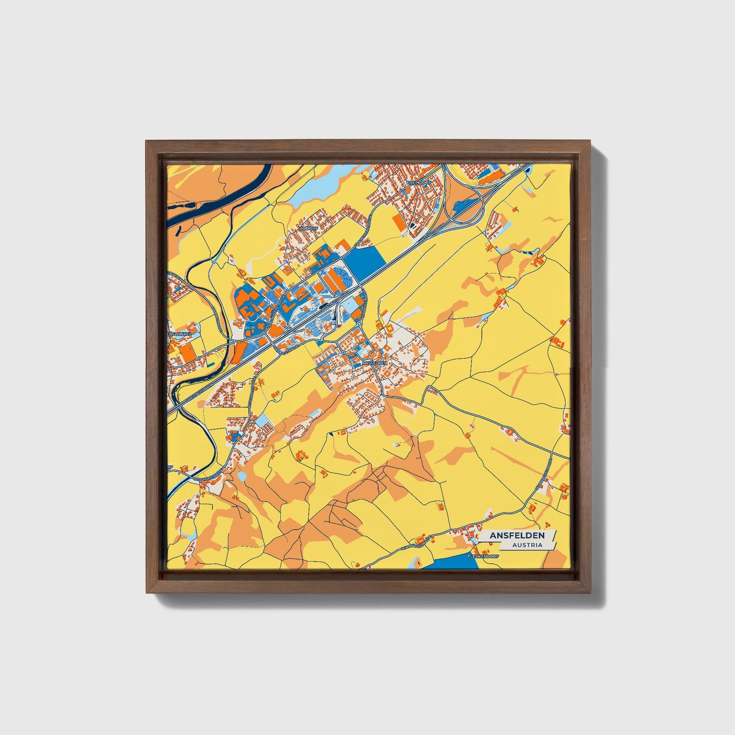 Ansfelden Austria Colorful City Map Canvas Print • Dark Wooden Framed