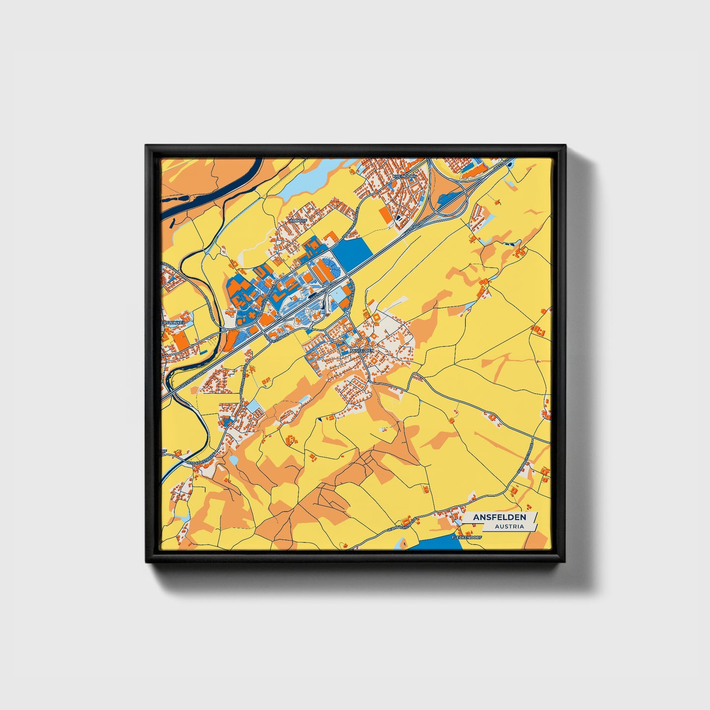 Ansfelden Austria Colorful City Map Canvas Print • Black Framed