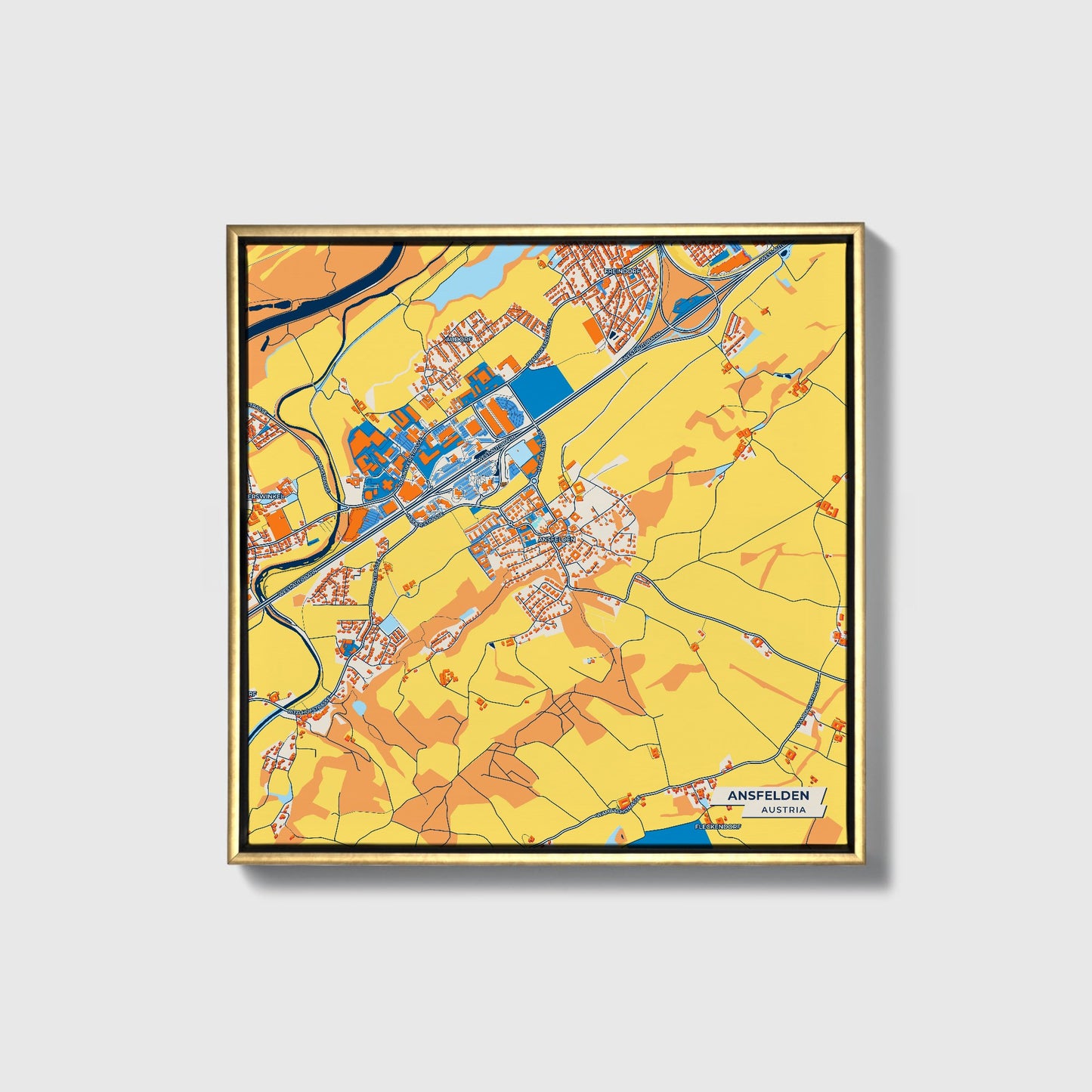 Ansfelden Austria Colorful City Map Canvas Print • Gold Framed