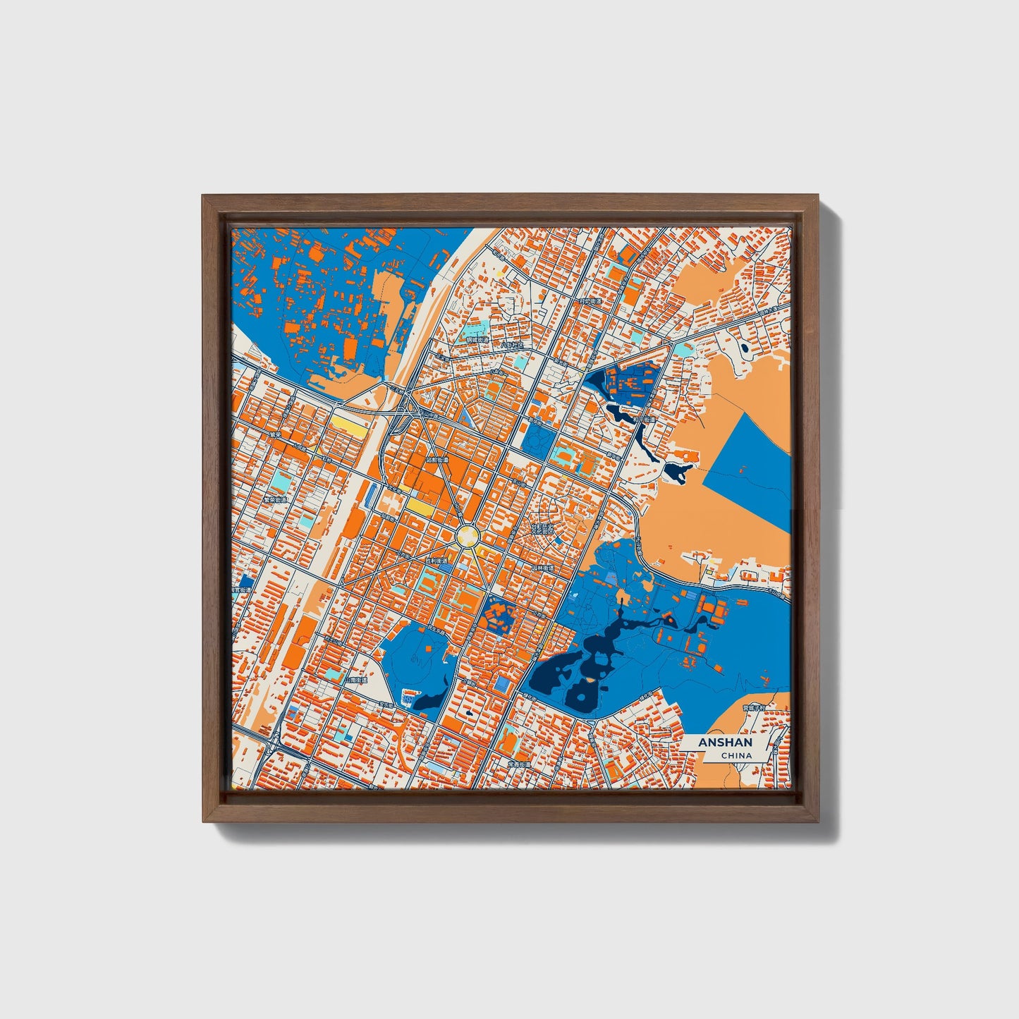 Anshan China Colorful City Map Canvas Print • Dark Wooden Framed