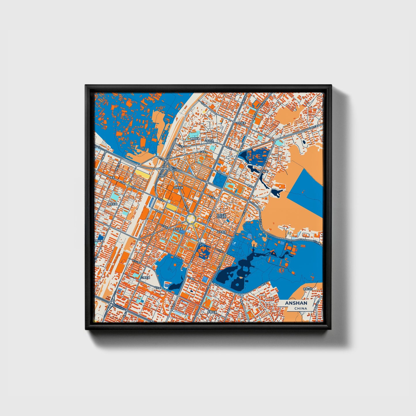 Anshan China Colorful City Map Canvas Print • Black Framed