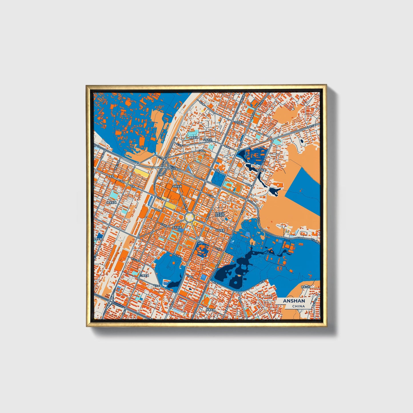 Anshan China Colorful City Map Canvas Print • Gold Framed