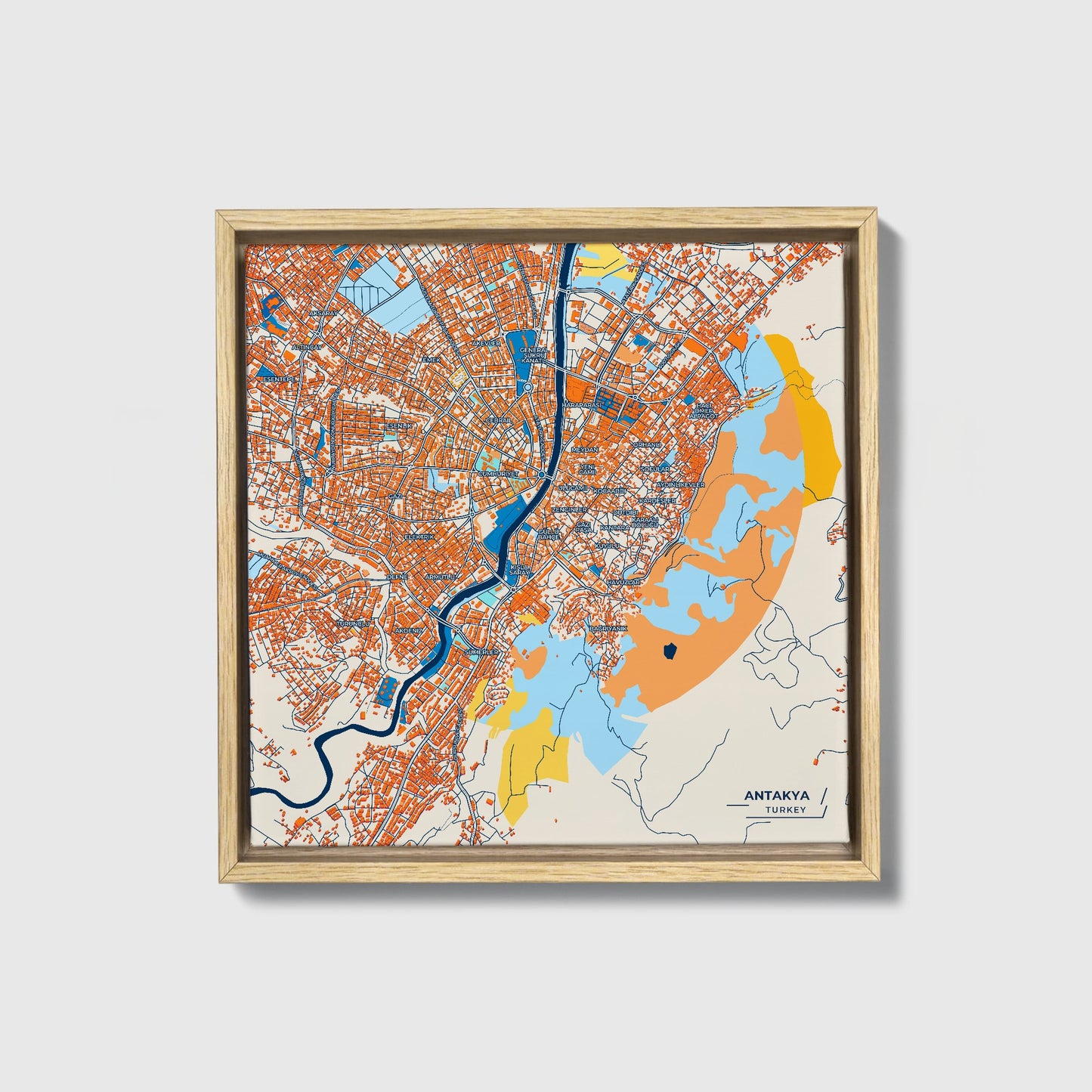 Antakya Turkey Colorful City Map Canvas Print • Natural Wooden Framed