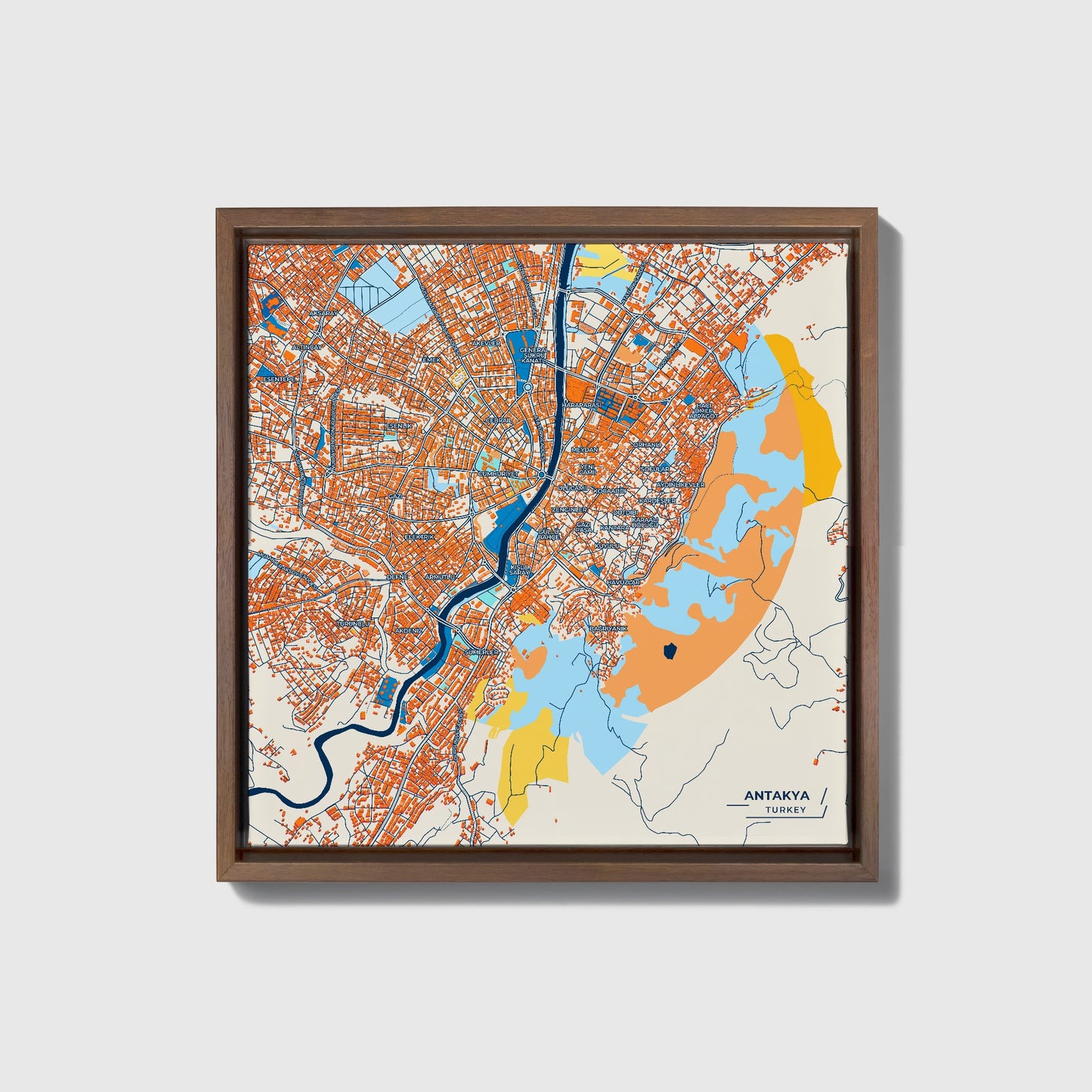 Antakya Turkey Colorful City Map Canvas Print • Dark Wooden Framed