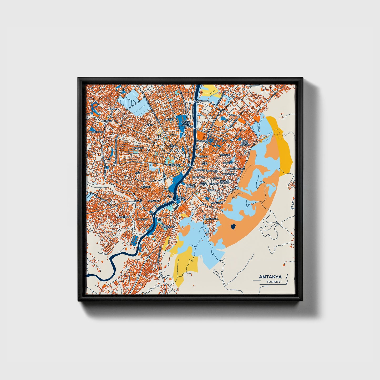 Antakya Turkey Colorful City Map Canvas Print • Black Framed