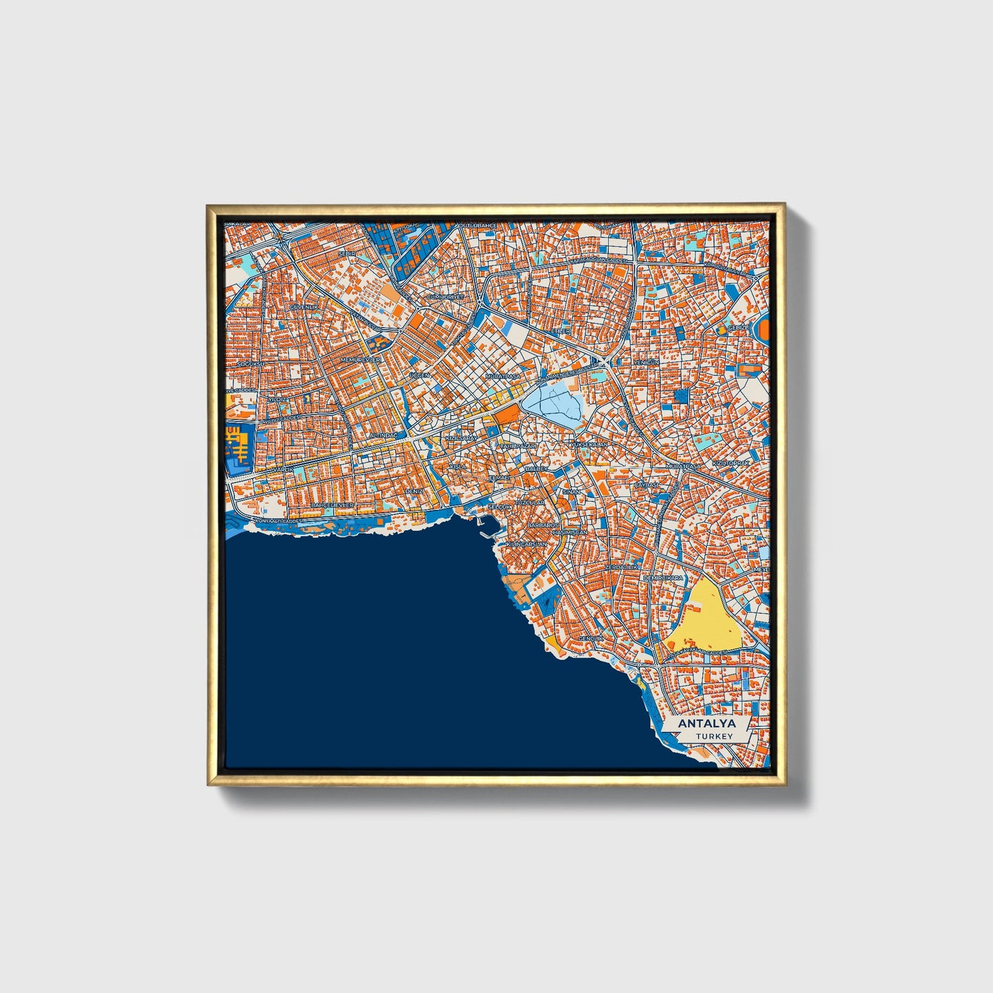 Antalya Turkey Colorful City Map Canvas Print • Gold Framed