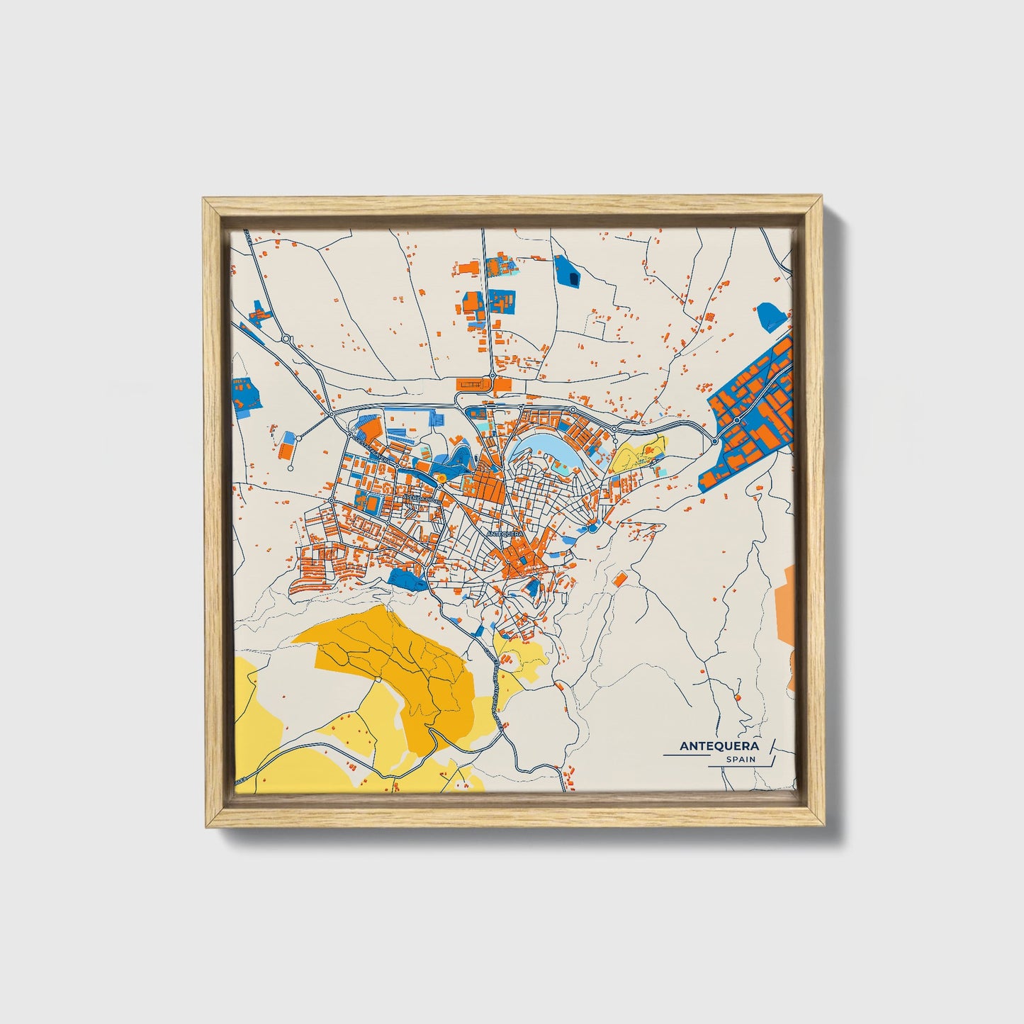 Antequera Spain Colorful City Map Canvas Print • Natural Wooden Framed