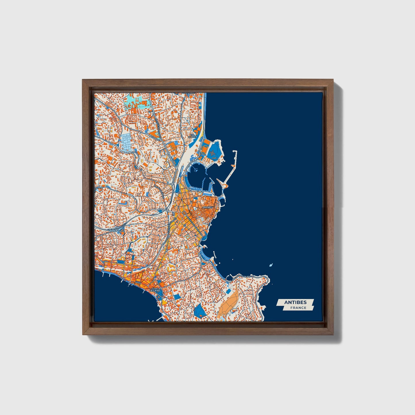 Antibes France Colorful City Map Canvas Print • Dark Wooden Framed