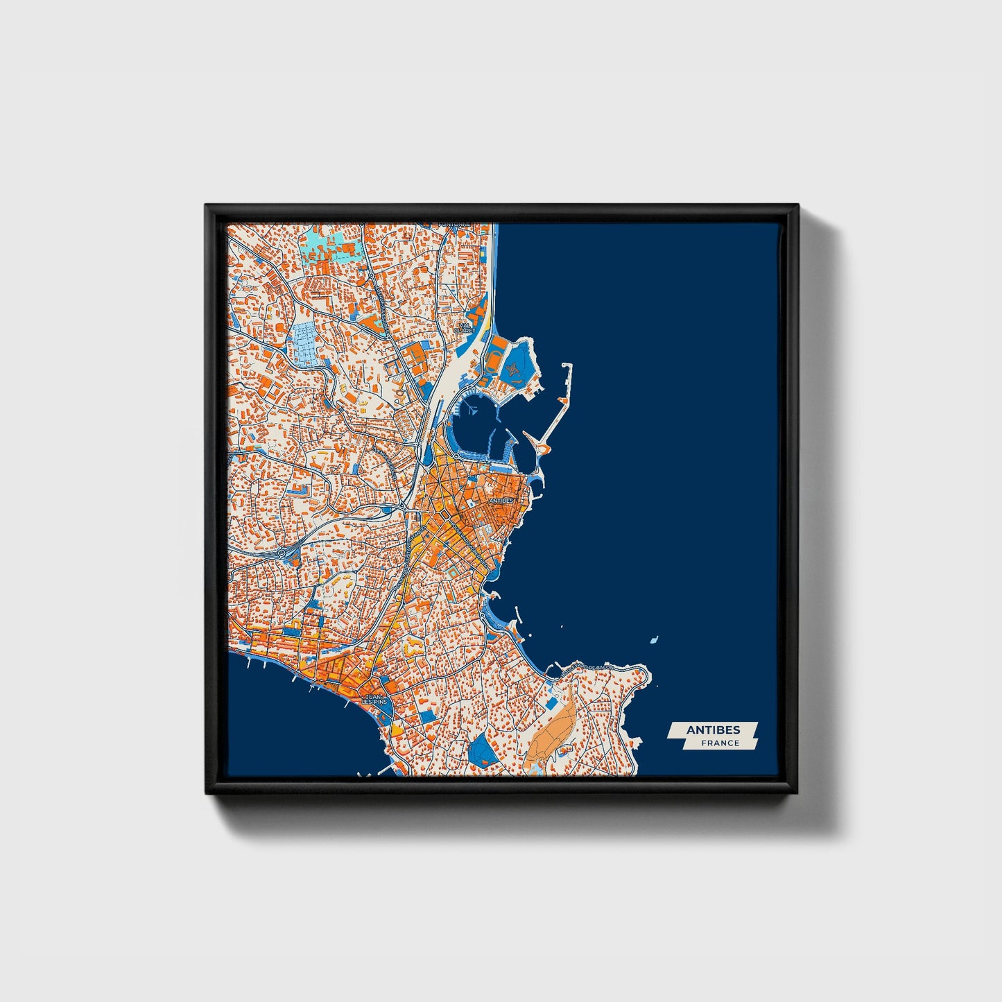 Antibes France Colorful City Map Canvas Print • Black Framed