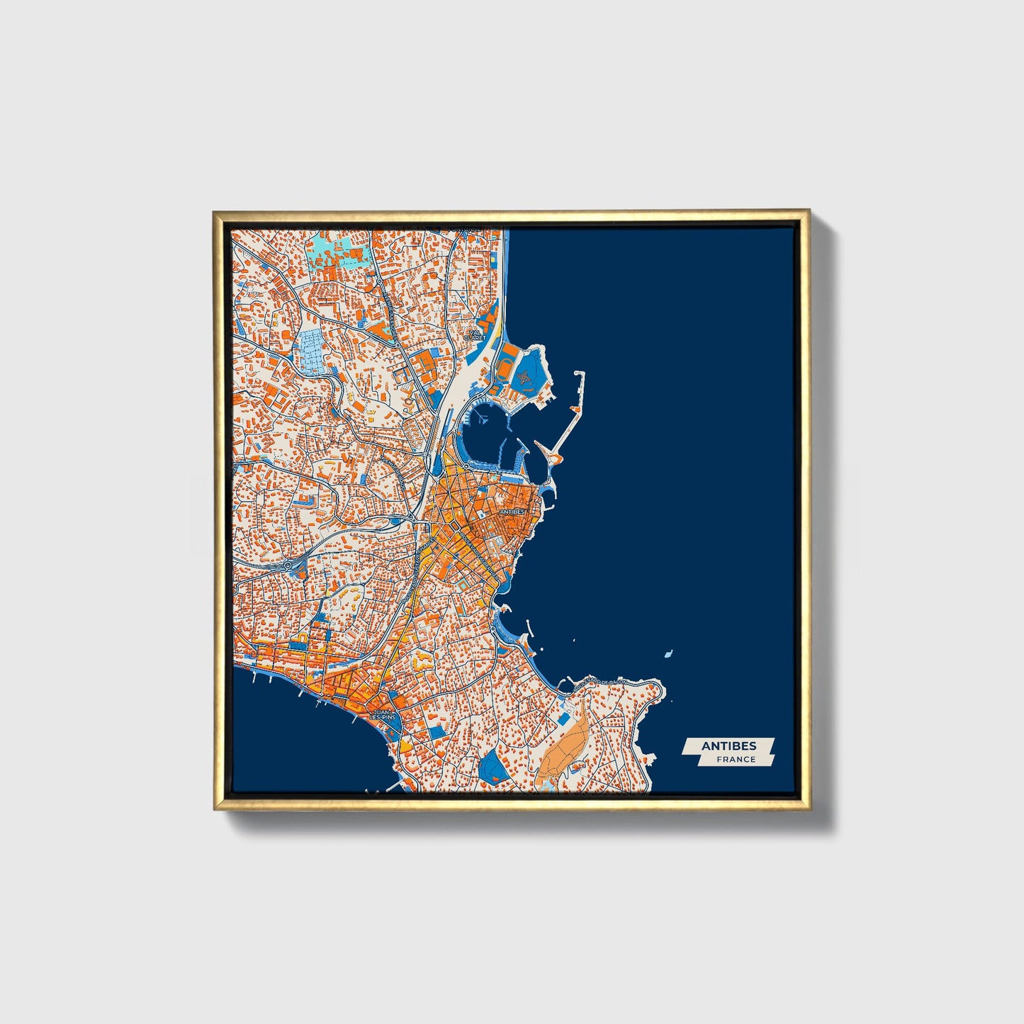 Antibes France Colorful City Map Canvas Print • Gold Framed