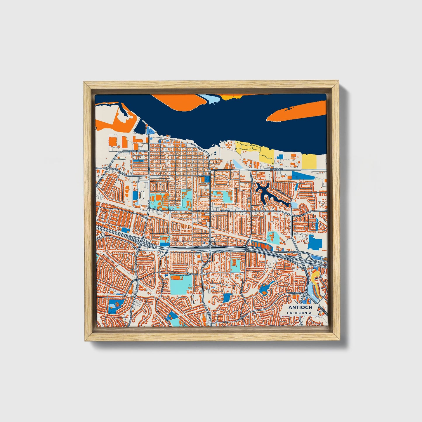 Antioch California Colorful City Map Canvas Print • Natural Wooden Framed