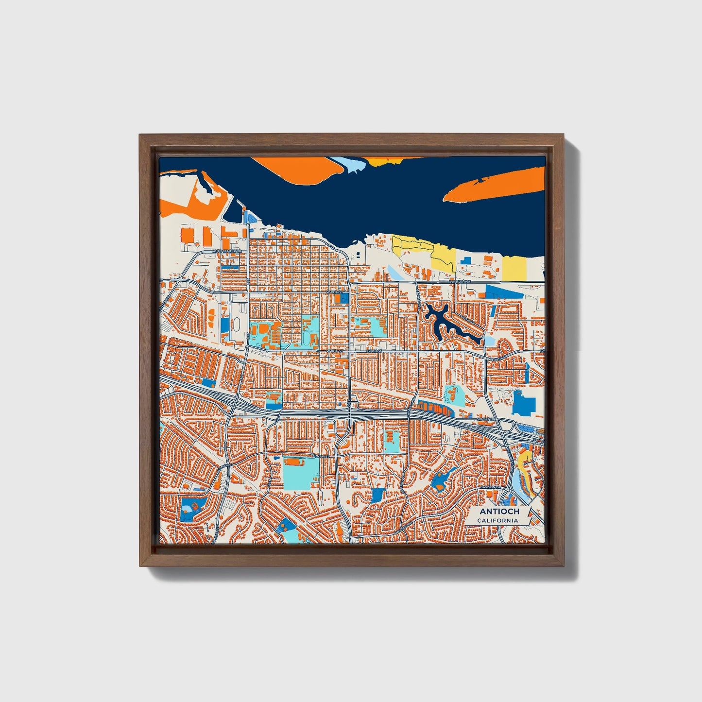 Antioch California Colorful City Map Canvas Print • Dark Wooden Framed