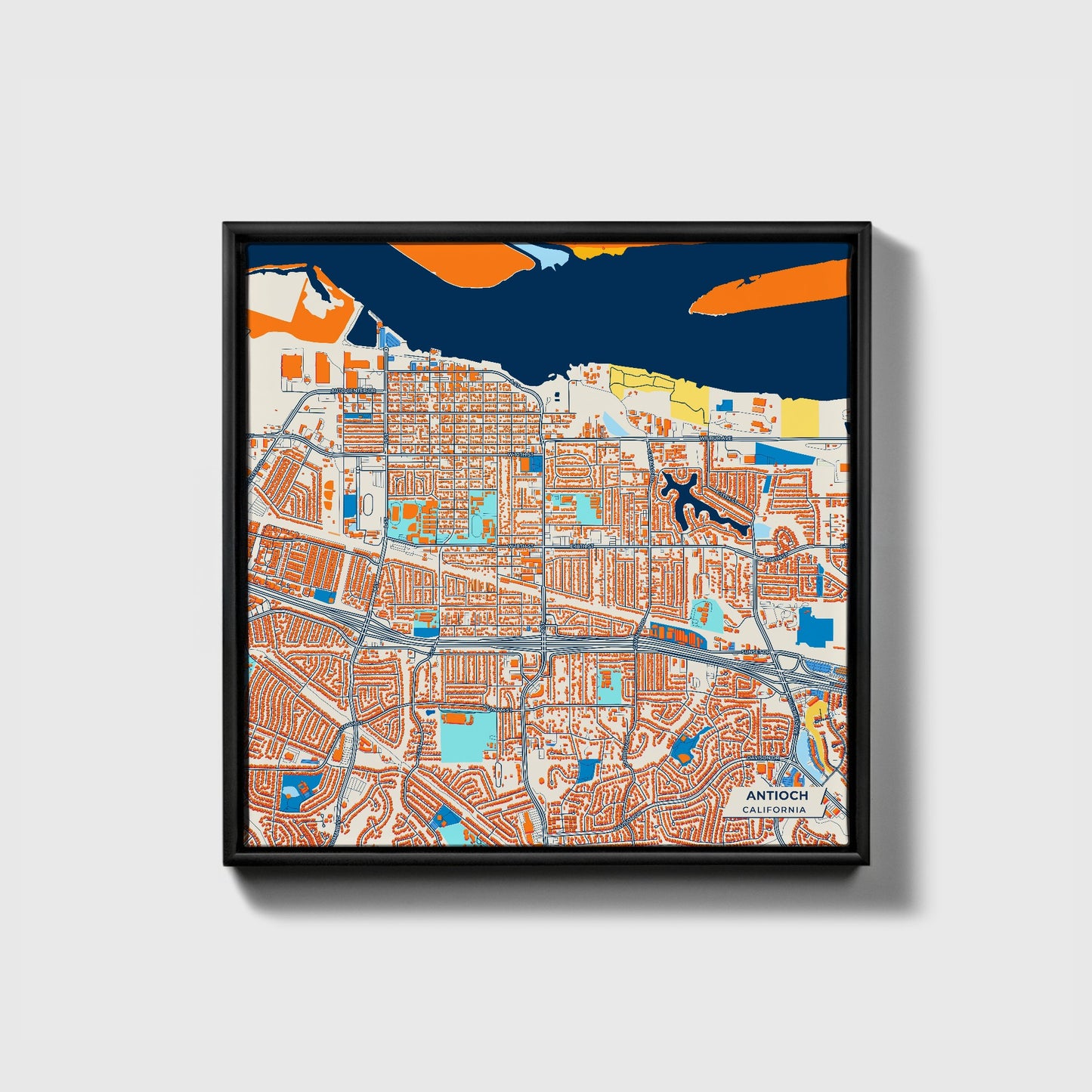 Antioch California Colorful City Map Canvas Print • Black Framed