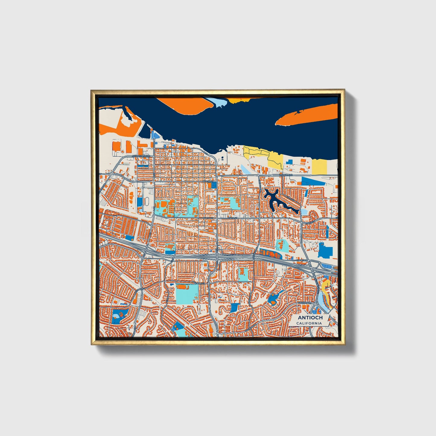 Antioch California Colorful City Map Canvas Print • Gold Framed