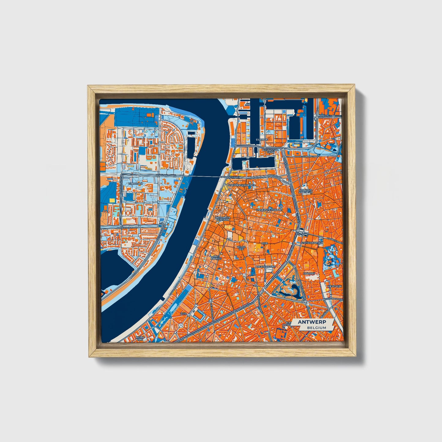Antwerp  Belgium Colorful City Map Canvas Print • Natural Wooden Framed