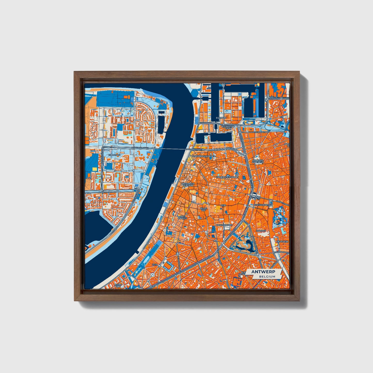 Antwerp  Belgium Colorful City Map Canvas Print • Dark Wooden Framed