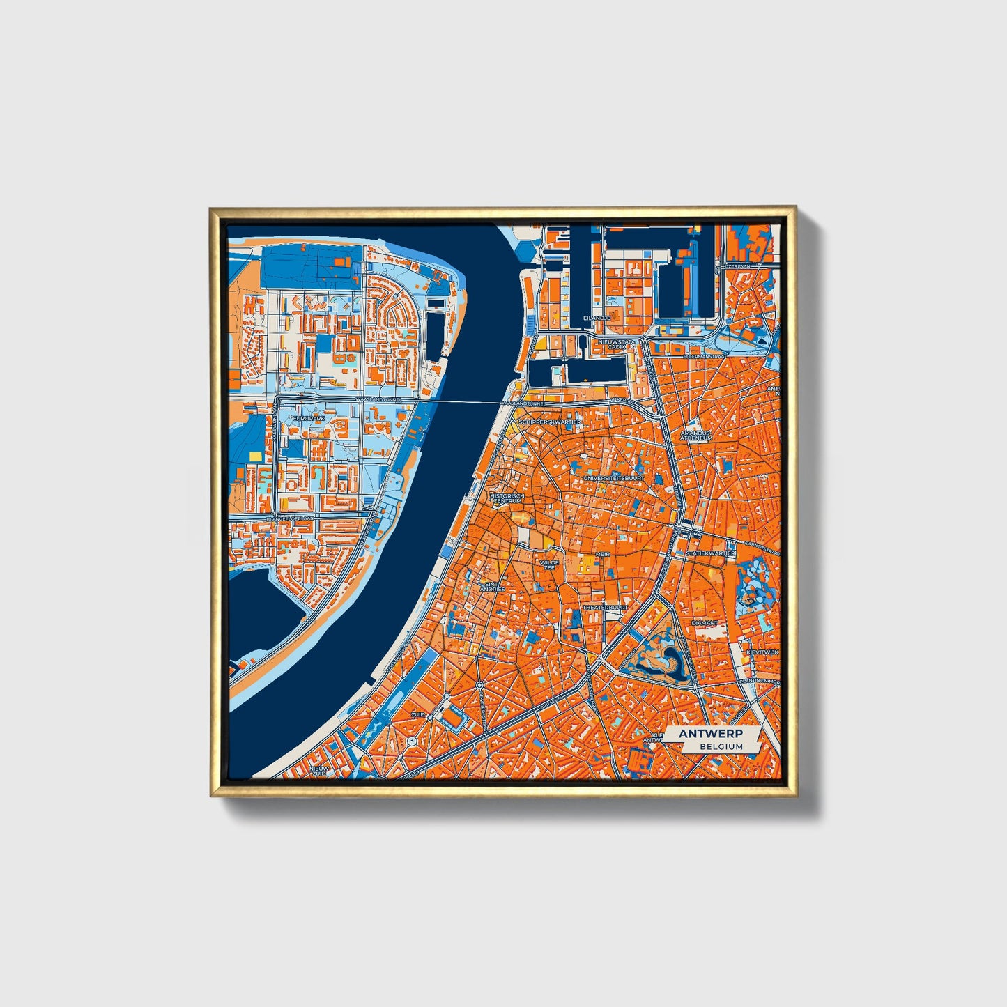 Antwerp  Belgium Colorful City Map Canvas Print • Gold Framed