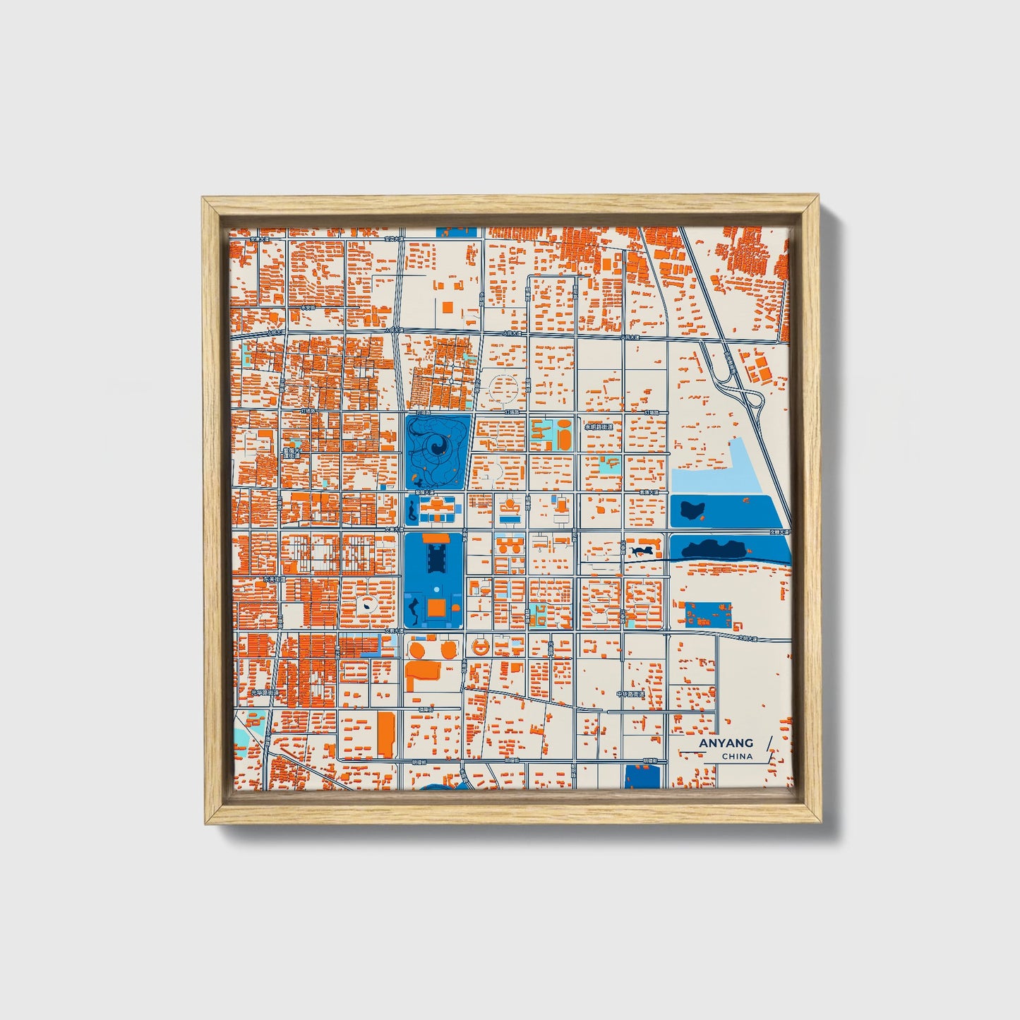 Anyang China Colorful City Map Canvas Print • Natural Wooden Framed
